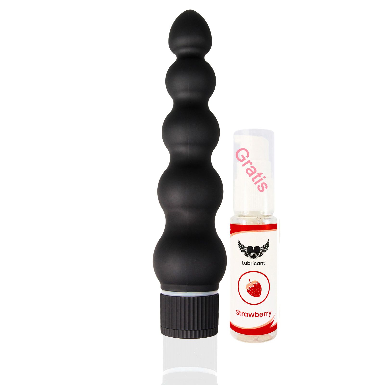 Schwarzer Vibrator mit kugelförmigem Design und einer Flasche Schmiermittel. Aufschrift "Gratis" und Erdbeer-Aroma.