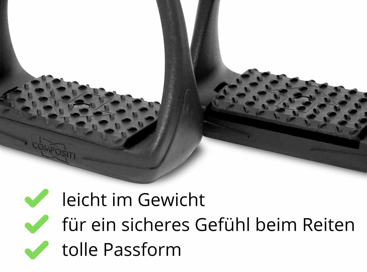 Zwei schwarze Steigbügel nebeneinander. Text: "leicht im Gewicht, für ein sicheres Gefühl beim Reiten, tolle Passform".