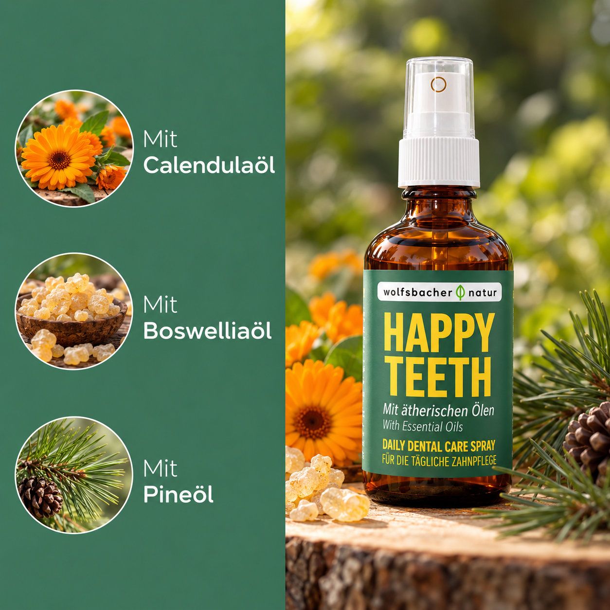 Wolfsbacher Natur Happy Teeth Spray: Calendula-, Boswellia- und Pinienöl für die Zahnpflege.