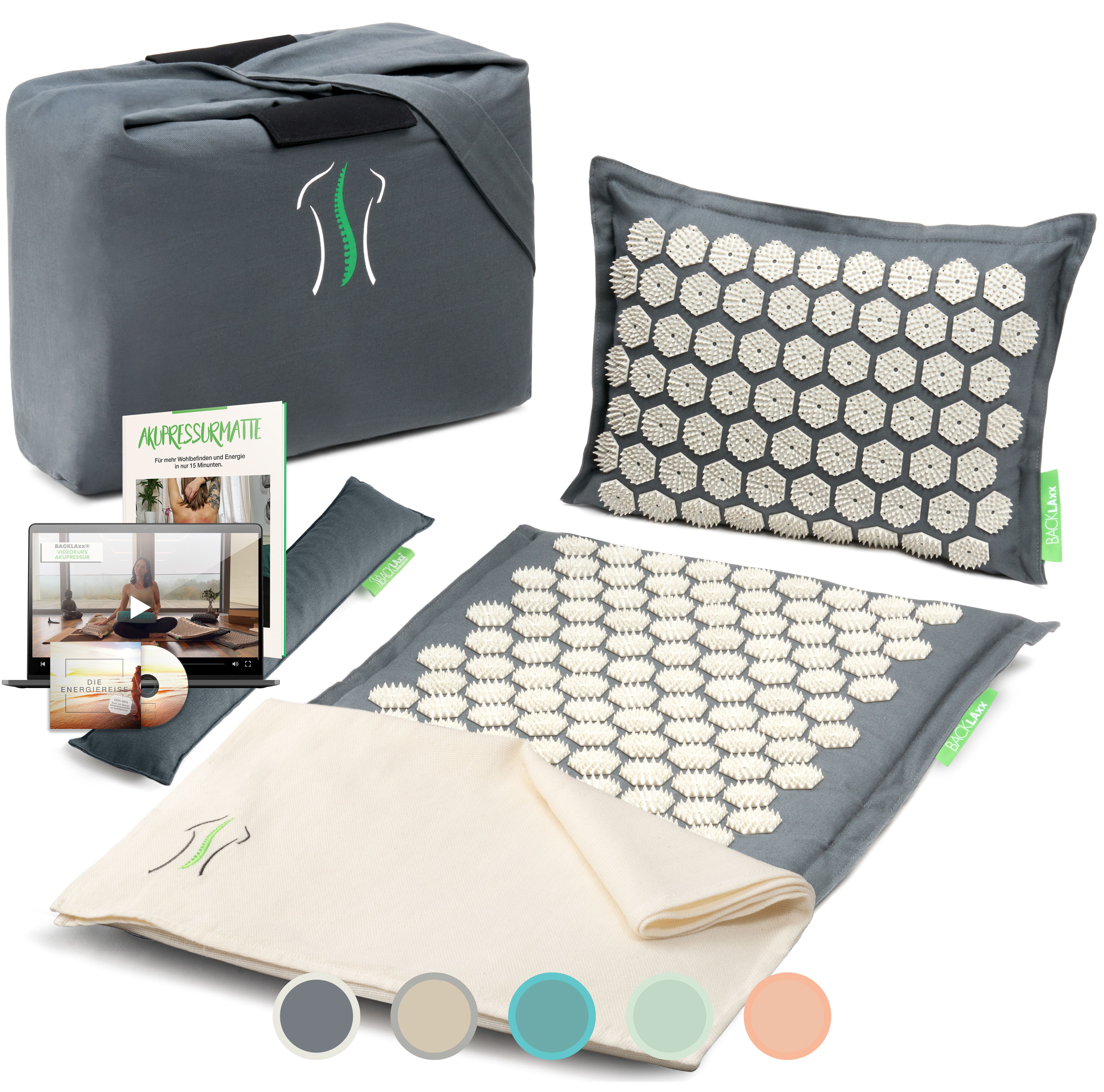 Akupressurmatten-Set mit Tasche, Kissen, Matte, Zubehör. Farben: Grau, Beige, Türkis, Rosa. Logo auf Tasche und Matte.