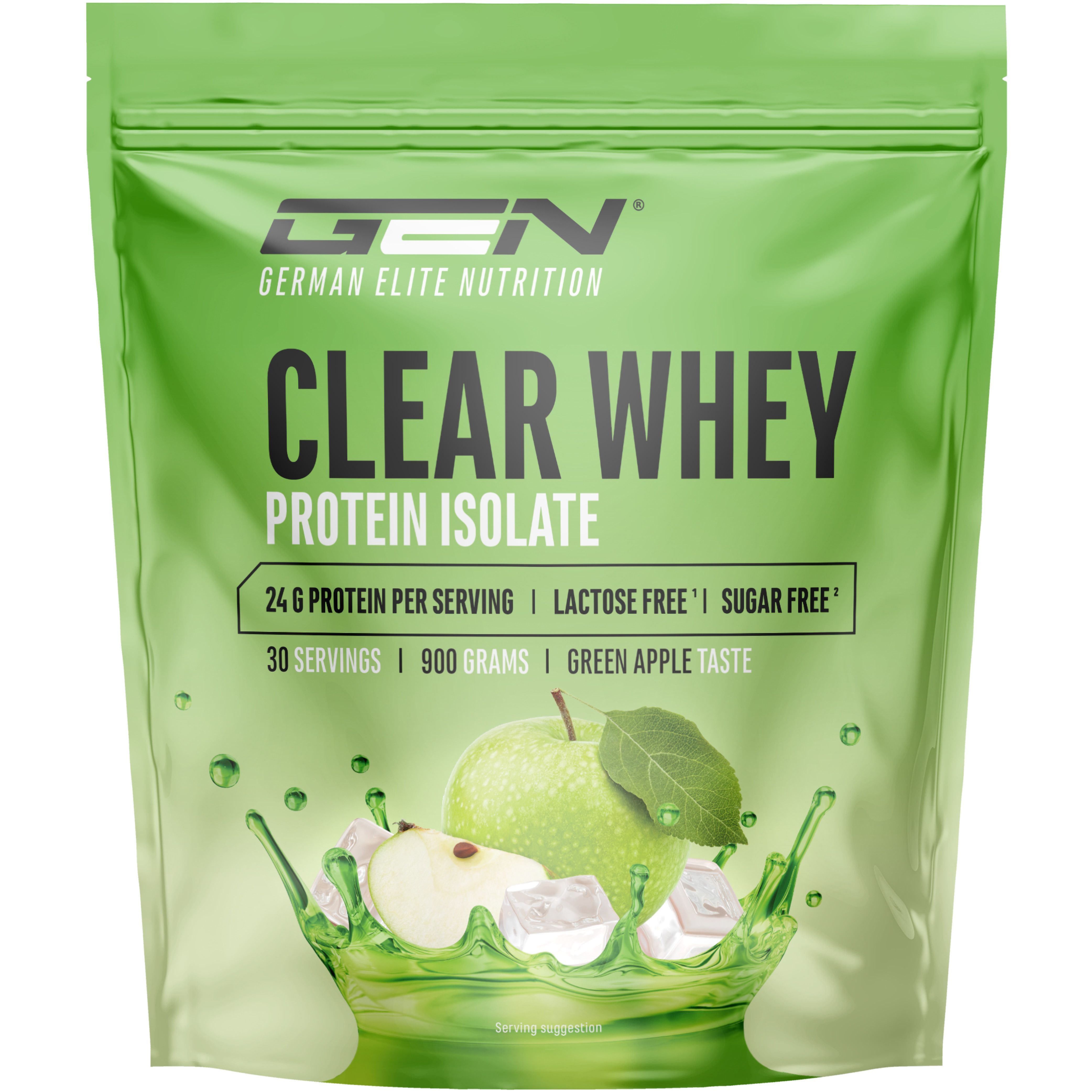 Grüner Beutel mit "GEN Clear Whey Protein Isolat". Enthält 24g Protein, ist laktose- und zuckerfrei. Mit Apfel-Geschmack.