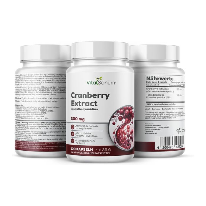 VitaSanum Cranberry Extrakt Kapseln, 300 mg. Drei Behälter mit Cranberry-Abbildung und Nährwertangaben.