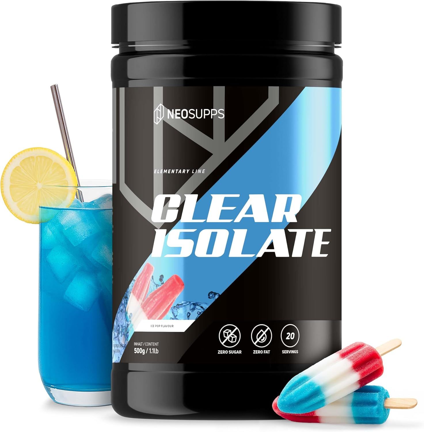 Schwarze Dose "CLEAR ISOLATE" mit Eis am Stiel und Getränk. Text: Zero Sugar, Zero Fat, 20 Servings. Aufschrift: Elementary Line, 500g/1.1lb.