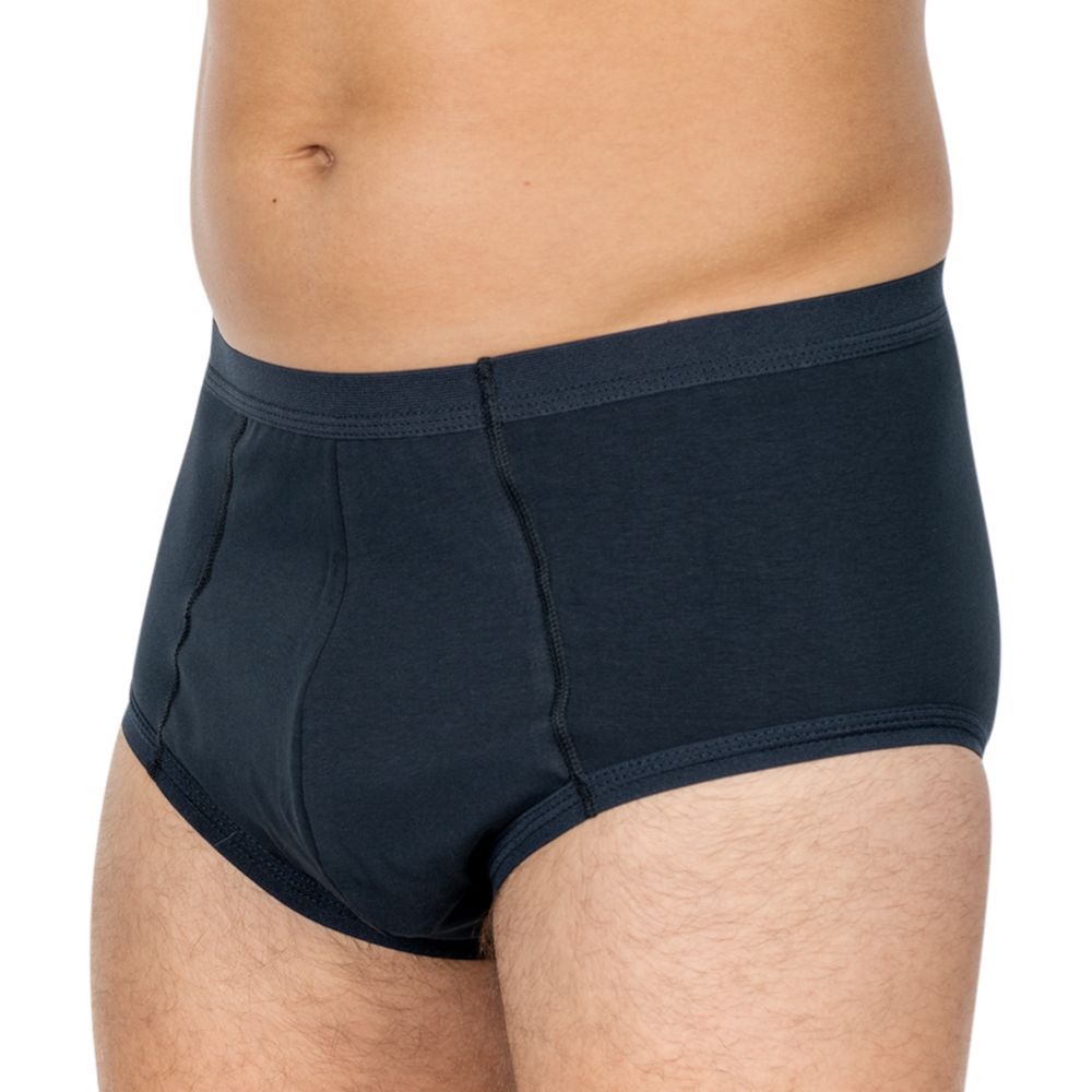 Dunkelblauer Herren Slip. Seitliche Ansicht. Elastischer Bund. Vorderseite mit verstärktem Einsatz.