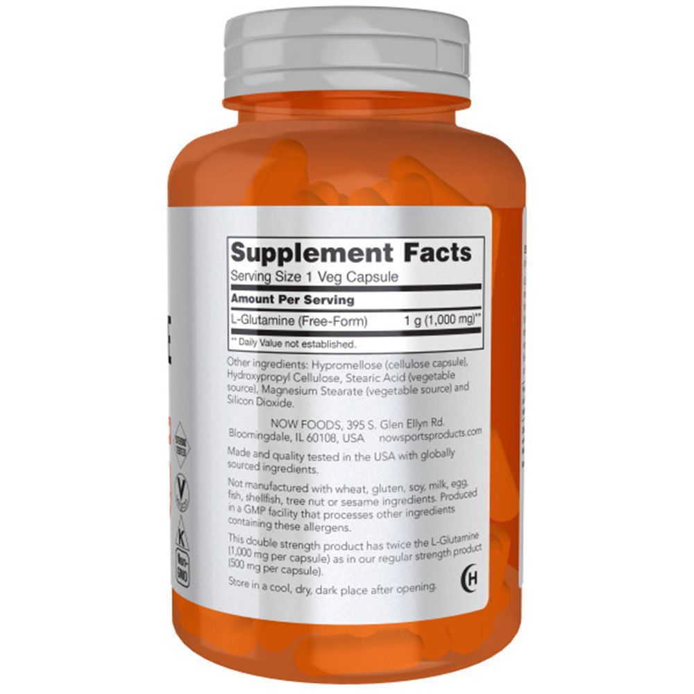 Ergänzungsfakten-Etikett auf einer Flasche. Enthält L-Glutamin, 1 g (1.000 mg) pro Kapsel. Hergestellt in den USA.