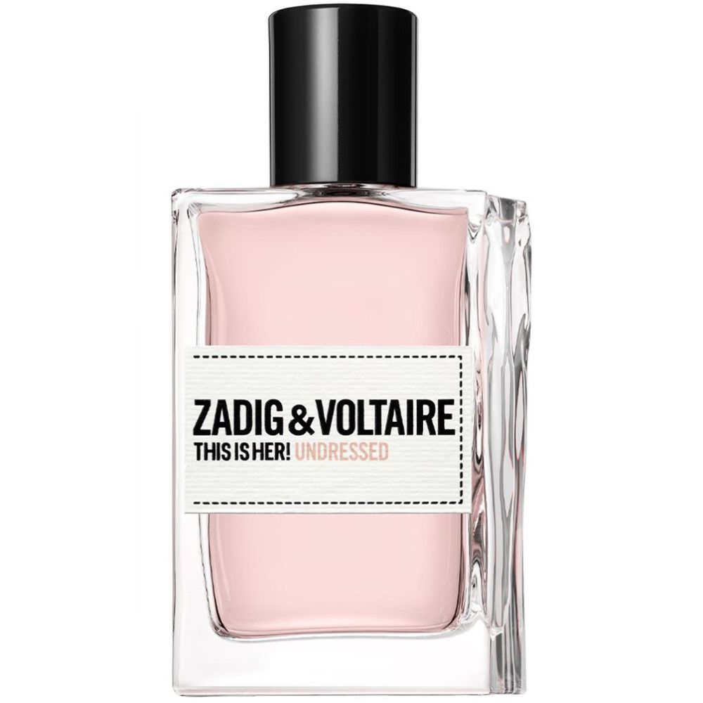 Zadig & Voltaire This Is Her! Undressed Eau de Parfum. Rechteckiger Flakon mit rosa Flüssigkeit und schwarzem Verschluss.