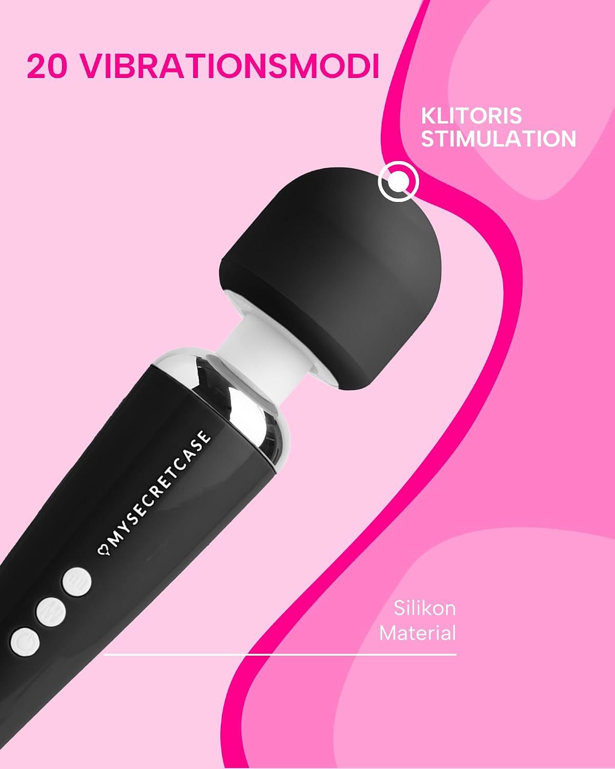 Schwarzer Vibrator mit geripptem Kopf, Silikonmaterial, 20 Vibrationsmodi für Klitorisstimulation.