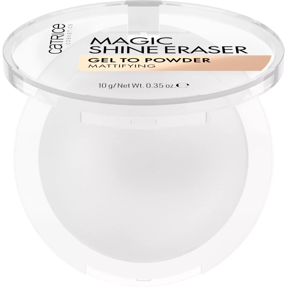 Weißer, runder Behälter mit transparentem Deckel, geöffnet. Aufschrift: Catrice, Magic Shine Eraser, Gel to Powder, Mattifying. 10 g/Net Wt. 0.35 oz.