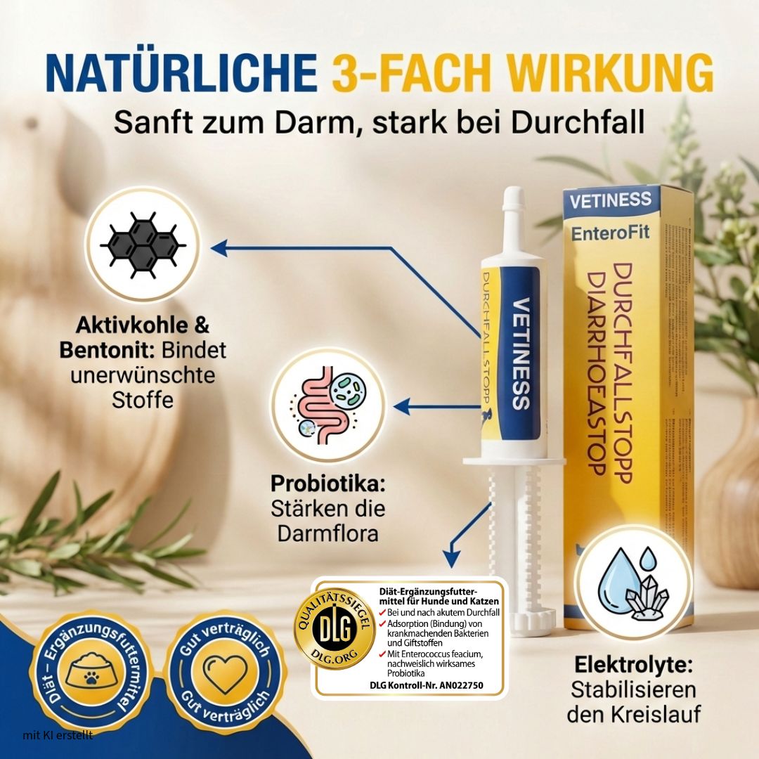 Grafische Darstellung der 3-fach Wirkung. Produkt: Vetiness Durchfallstopp Paste. Enthält Aktivkohle, Bentonit, Probiotika und Elektrolyte.