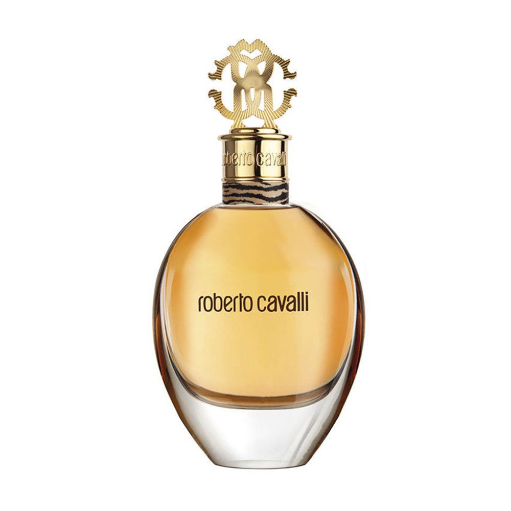 Bernsteinfarbene Parfümflasche mit goldfarbenem Verschluss. Schriftzug: Roberto Cavalli. Transparenter Flaschenkörper.