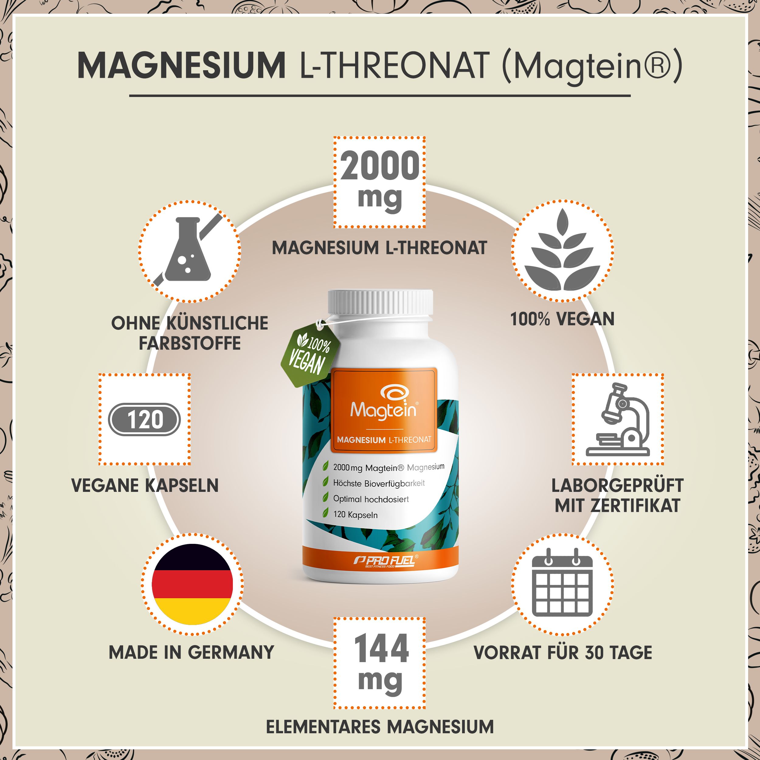 Weiße Flasche mit Magtein-Kapseln. Etikett mit Produktinformationen und Logos. 100% vegan, 120 Kapseln, Laborgeprüft, Made in Germany.