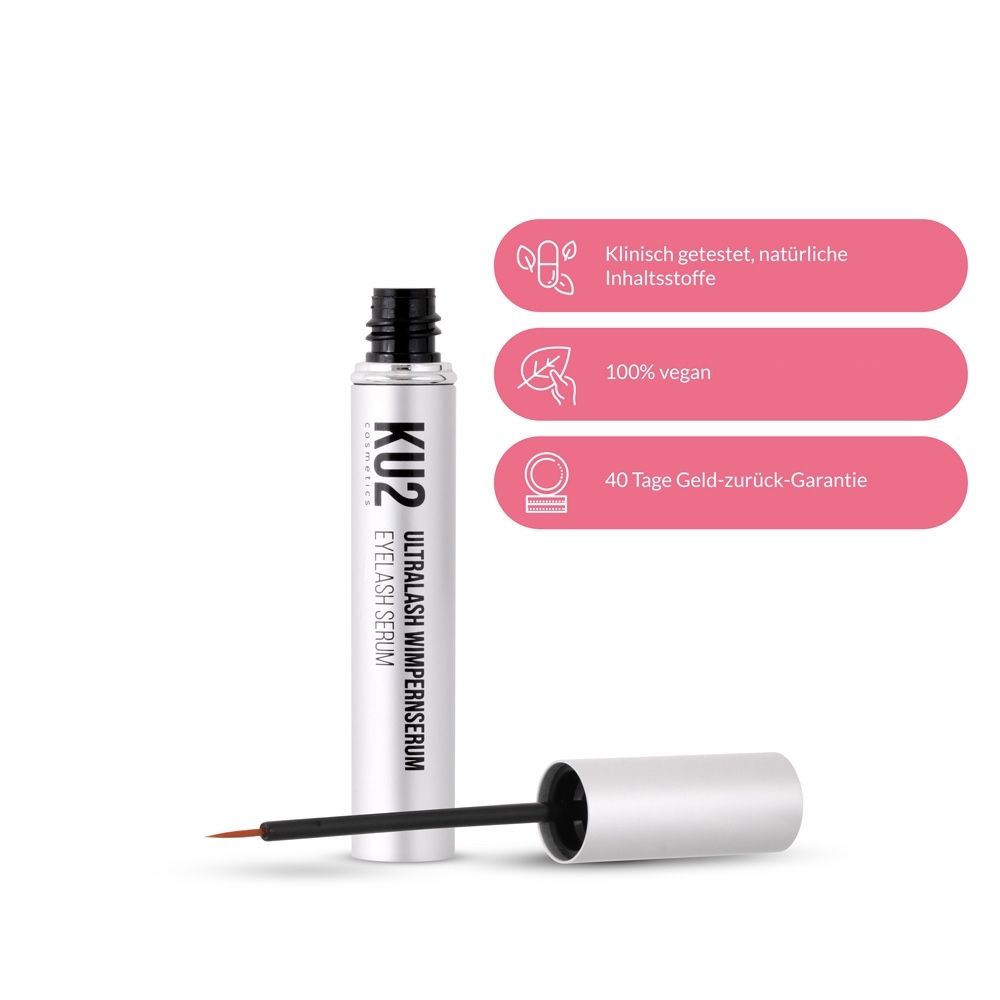 KU2 Ultralash Wimpernserum mit Applikator und Hinweisen zu Inhaltsstoffen und Garantie.