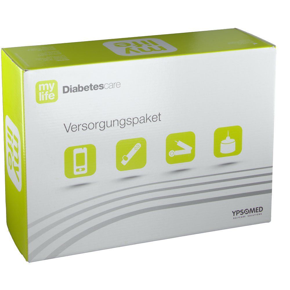 Verpackung des mylife Versorgungspaket. Aufschrift: Diabetescare, Versorgungspaket. Logos und Piktogramme. YPSOMED-Logo.