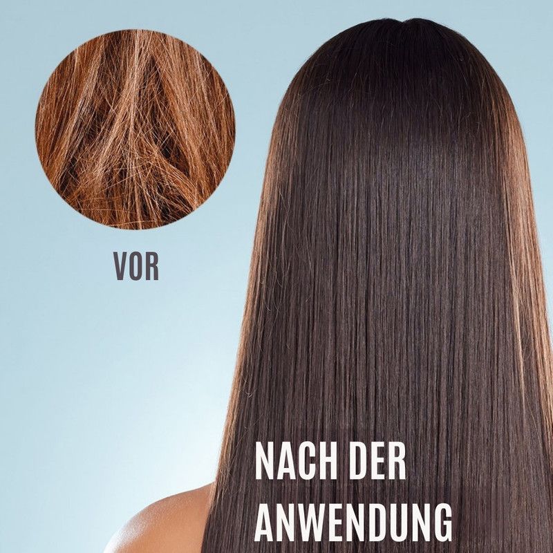 Haaransicht vor und nach der Anwendung. Nach der Anwendung: glattes, glänzendes Haar. Text: Nach der Anwendung.