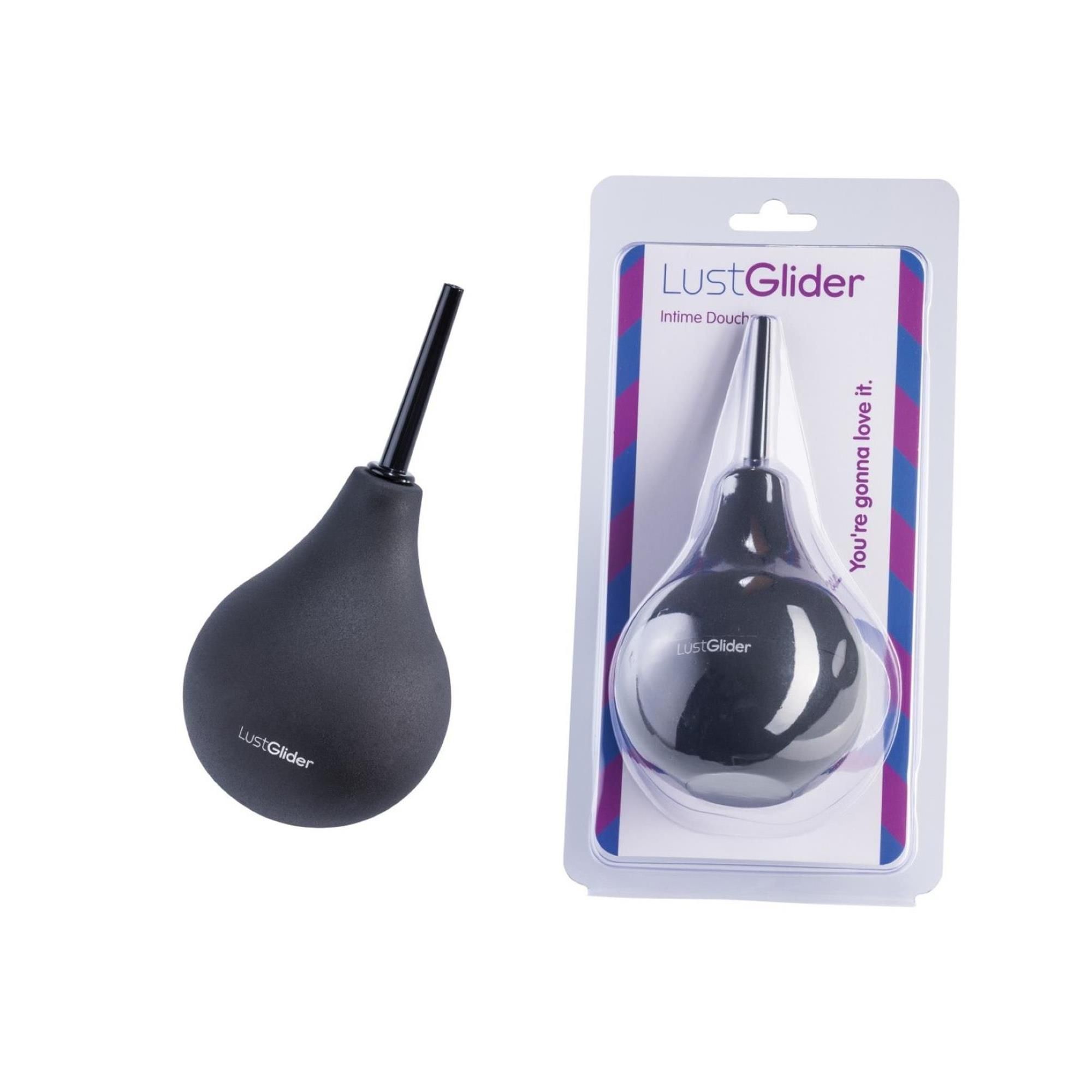 LustGlider Intimdusche in Blisterverpackung, zeigt das Produkt und die Verpackung.