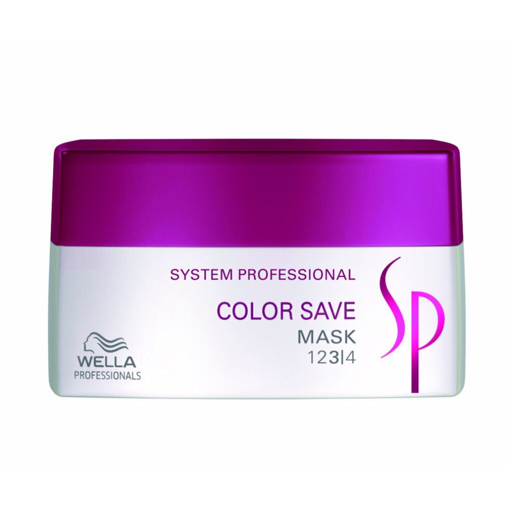 Weiß-lila Dose. Aufschrift: Color Save Mask. System Professional. Wella-Logo. SP-Logo. Text in Englisch, Französisch, Deutsch und Italienisch.