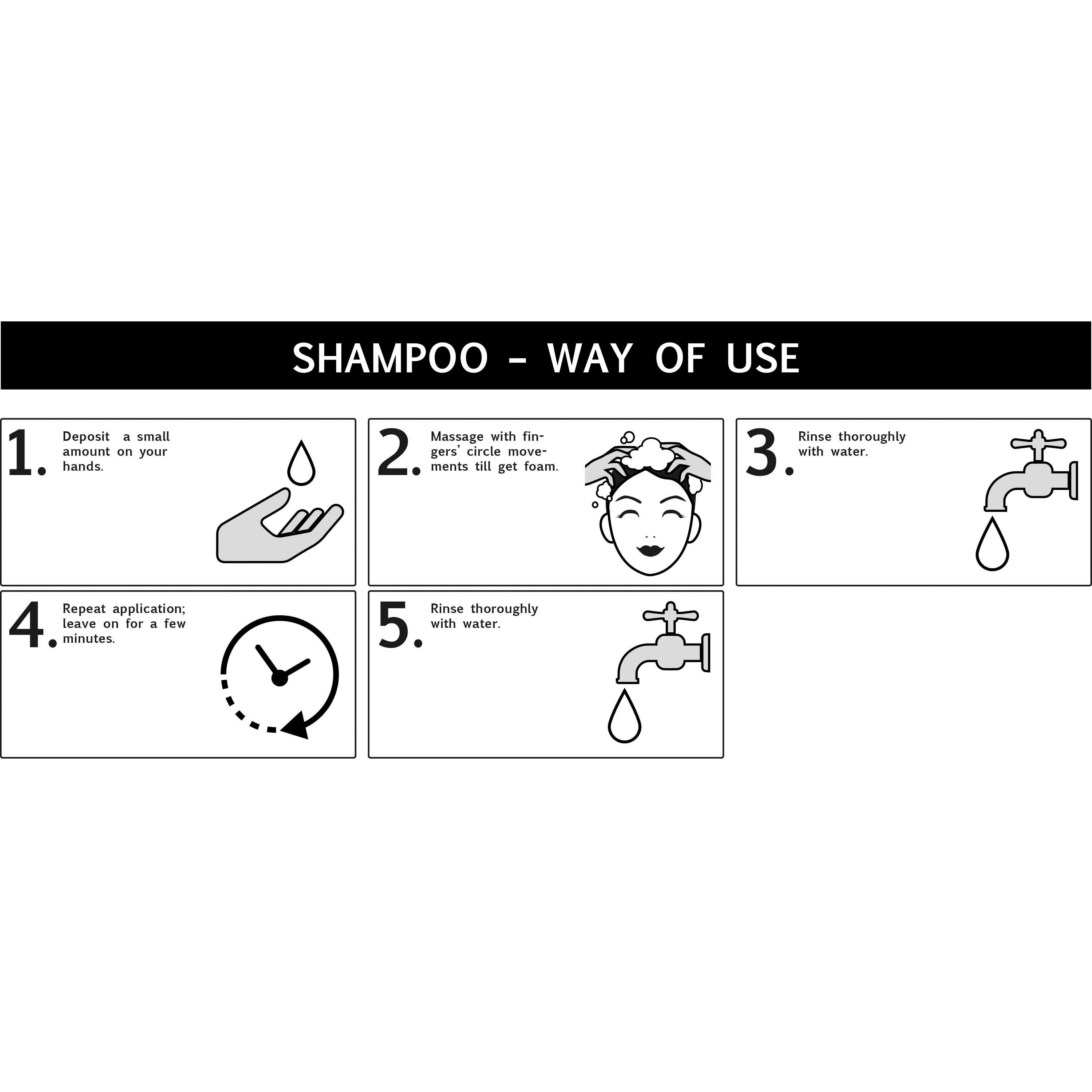 Anleitung zur Anwendung von Shampoo. Illustrationen zeigen Schritte: Auftragen, einmassieren, ausspülen.