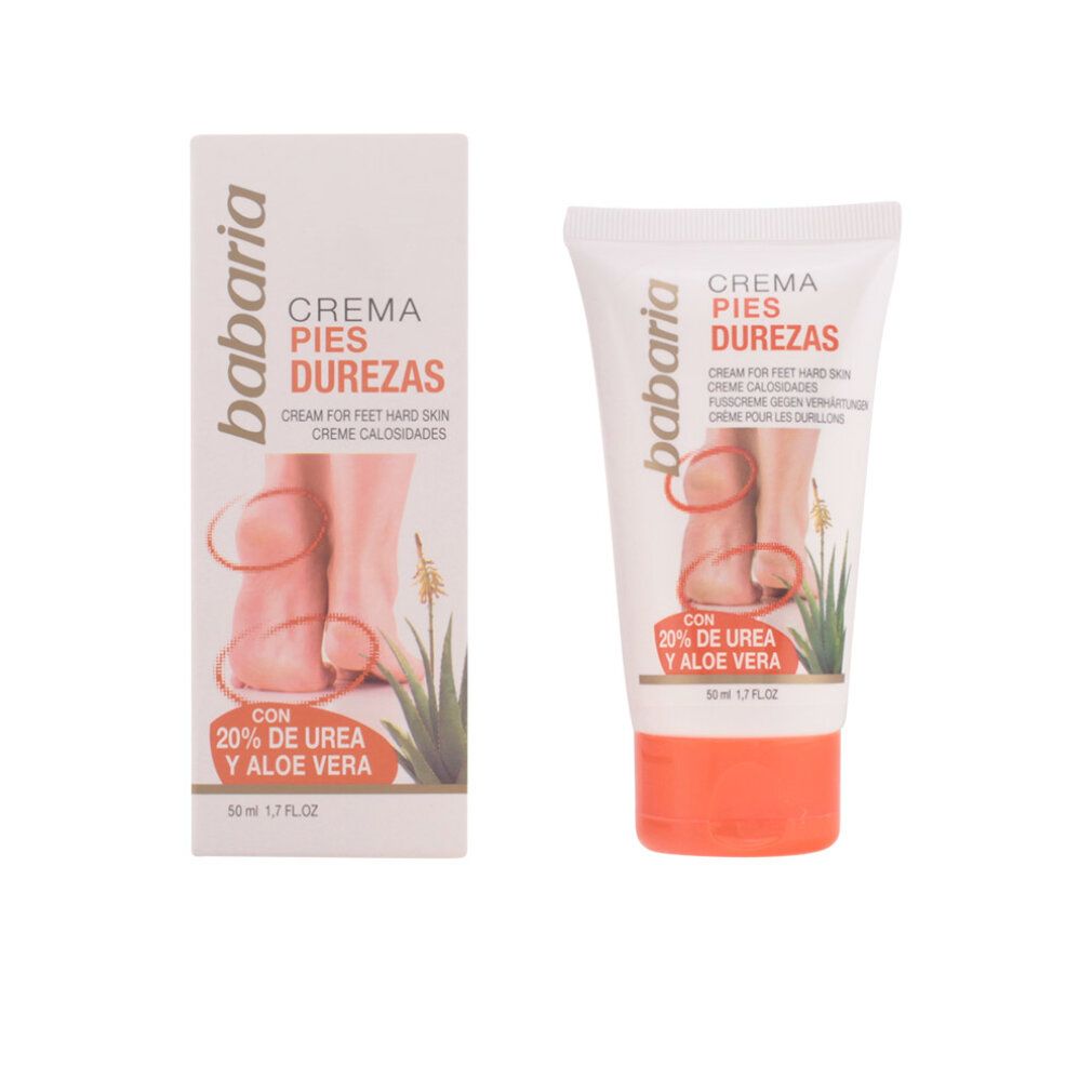 Creme für Füße mit harter Haut. Tube und Schachtel mit Produktnamen und Illustrationen von Füßen. Enthält 20% Urea und Aloe Vera.