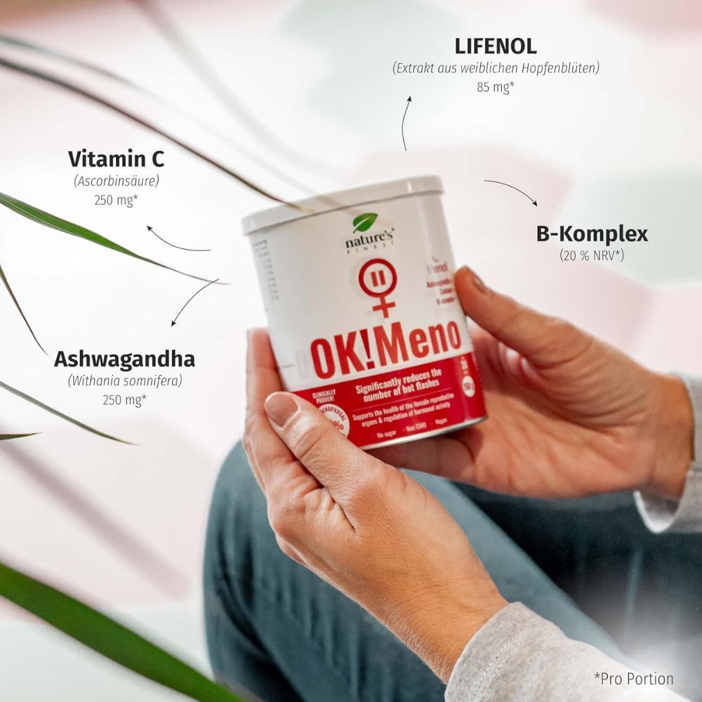 Produkt "OK!Meno" in Dose, gehalten von Händen. Enthält Lifenol, Vitamin C, Ashwagandha, B-Komplex. Pro Portion.