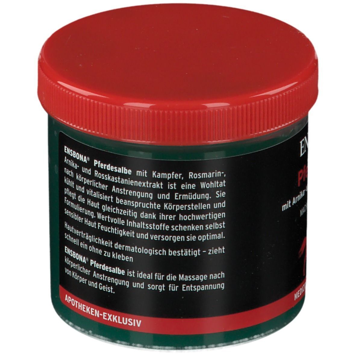 Dose Ensbona Pferdesalbe, roter Deckel, grüne Dose. Rückseite mit Produktinformationen und Text: Apotheken-Exklusiv.