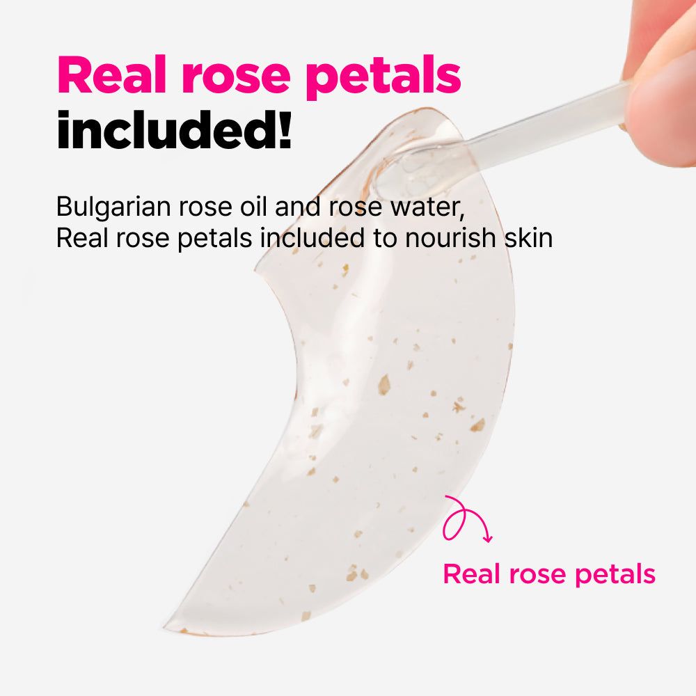 Augenpflaster mit Rosenblättern. Text: Echte Rosenblüten enthalten! Bulgarian Rose Oil und Rosenwasser.