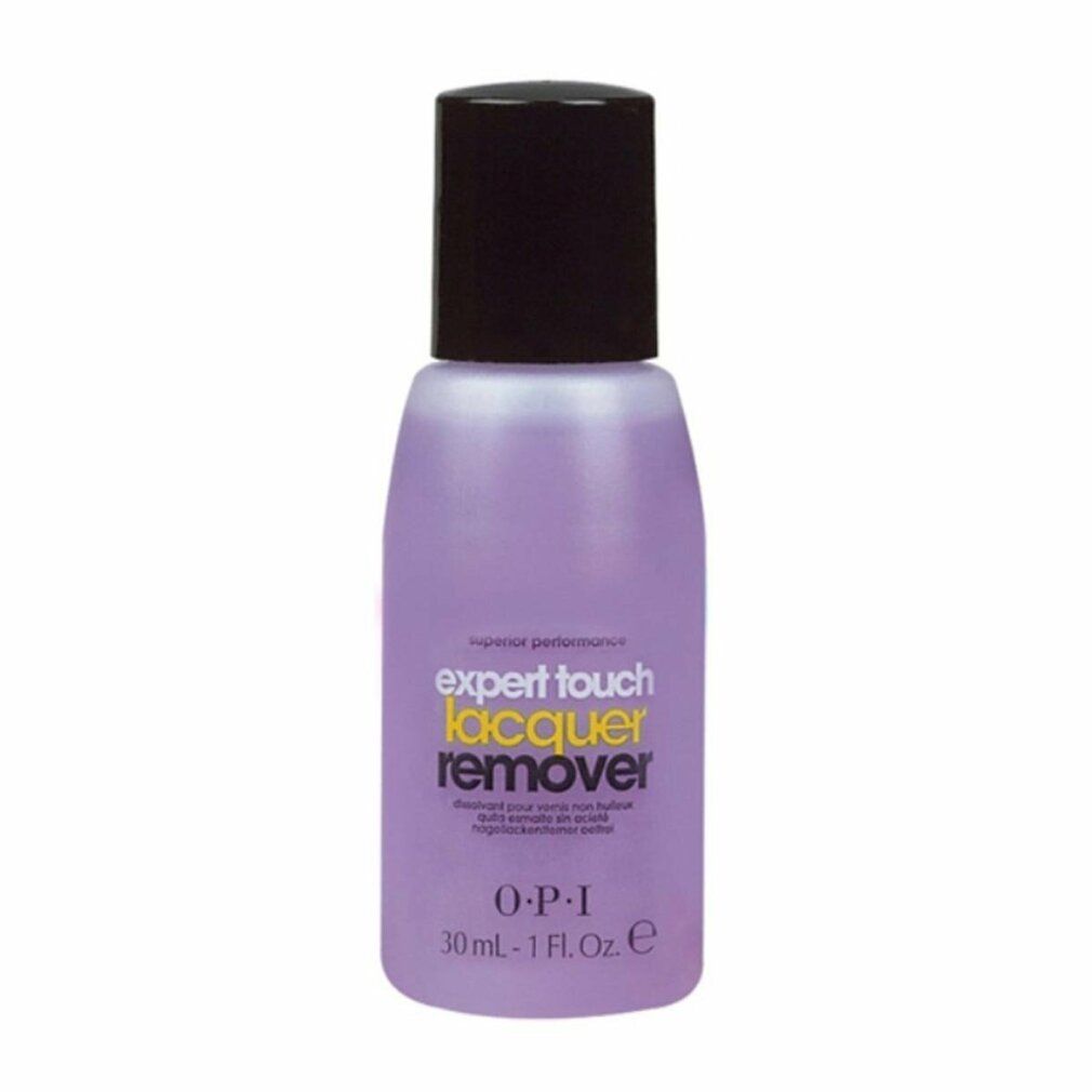 OPI Expert Touch Nagellackentferner. Kleine Flasche mit schwarzem Deckel. Lila Flüssigkeit. Produktbeschriftung.