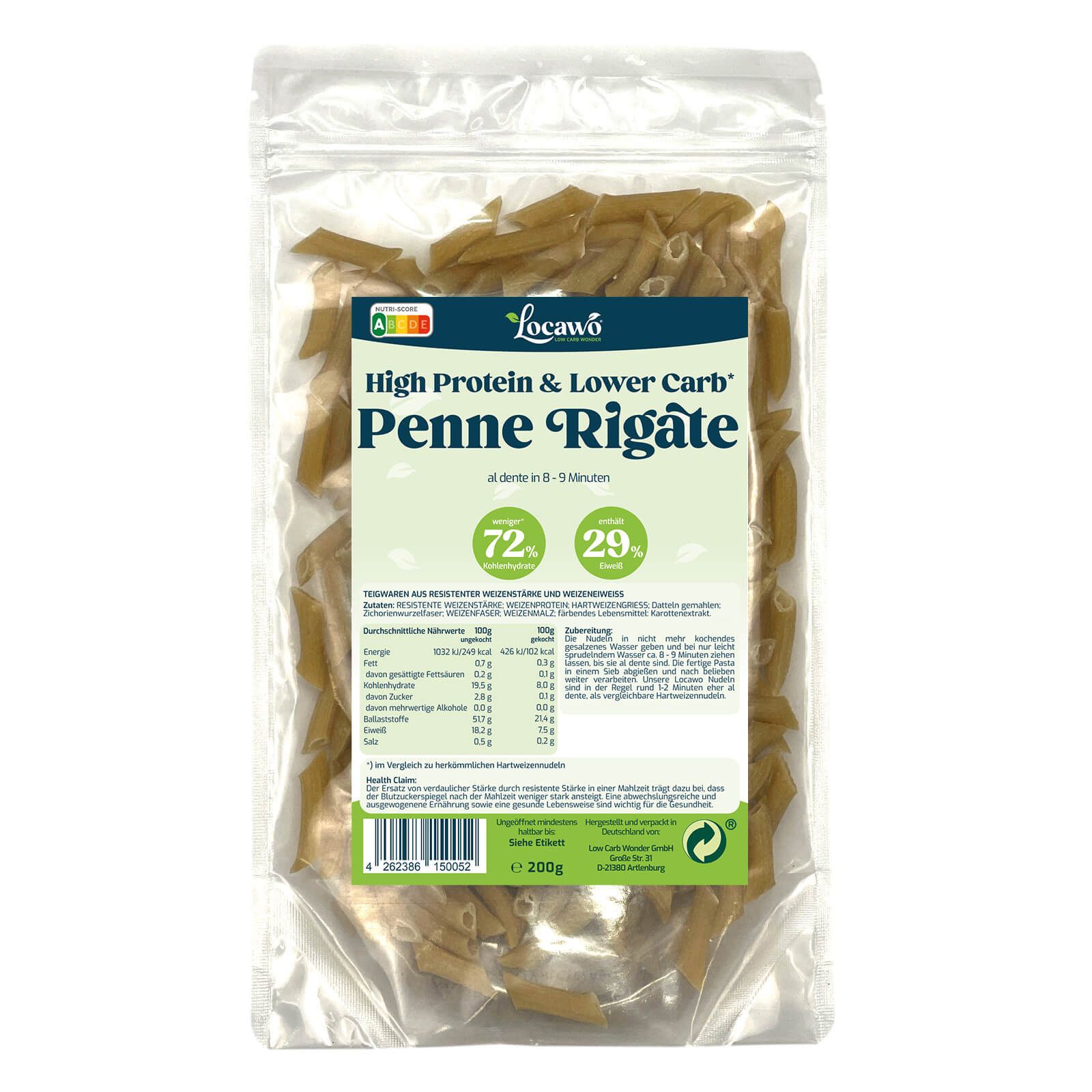 Klarsichtbeutel mit Penne Rigate. Aufdruck: Locawo High Protein & Lower Carb. Nährwertangaben und Zertifizierungen.