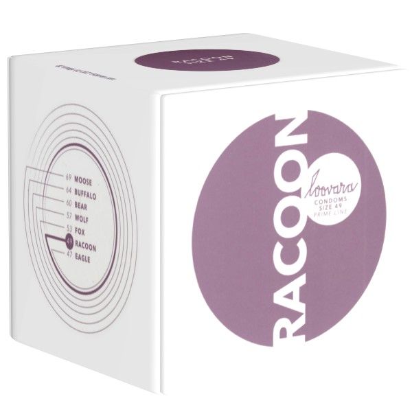Quadratische Verpackung mit Logo und Produktbezeichnung "Raccoon". Aufschrift "Loovara Condoms".