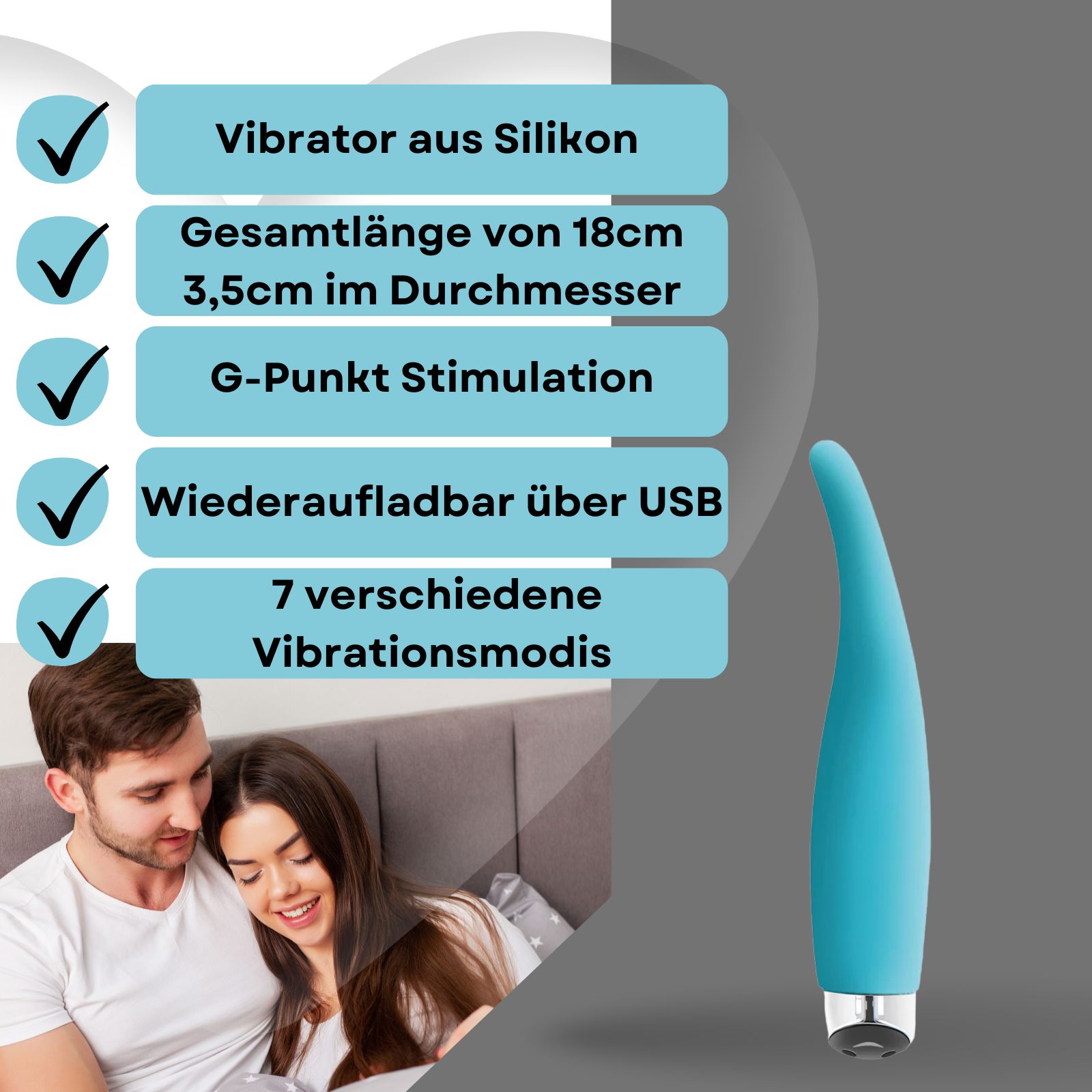 Blauer Vibrator. Text: Silikon-Vibrator, 18 cm, G-Punkt, USB, 7 Modi. Paar im Hintergrund.