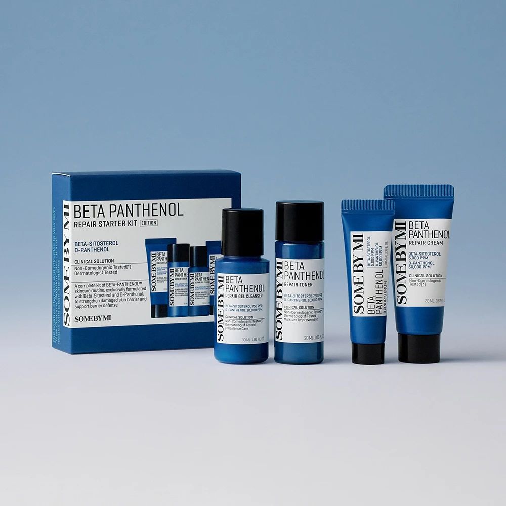 Set mit blauen Tuben und Flaschen. Aufschrift: Beta Panthenol Repair Starter Kit. Einige Produkte sind in einer Schachtel verpackt.