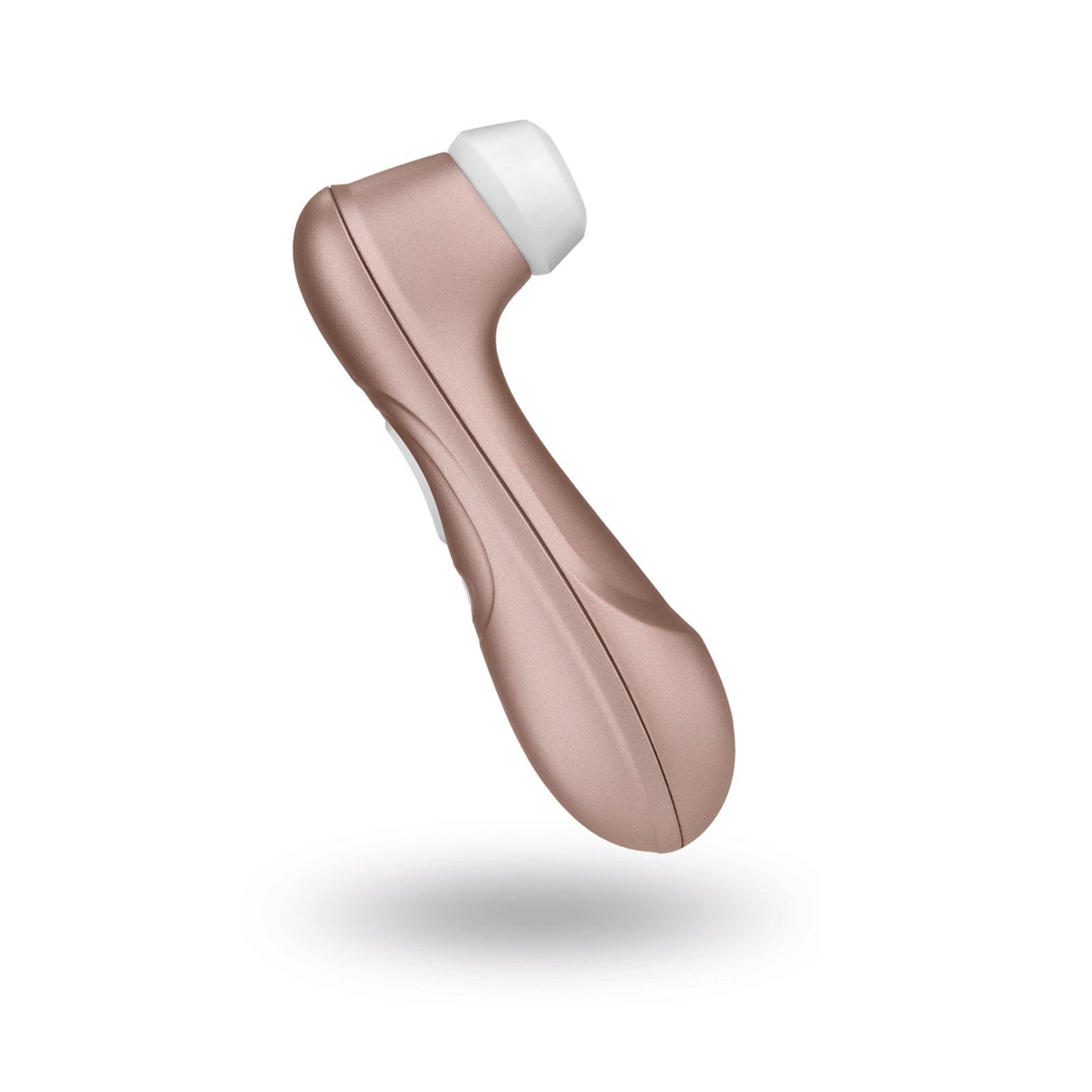 Rosafarbener Vibrator mit weißem Aufsatz. Ergonomische Form. Oberseite mit weißem Element.