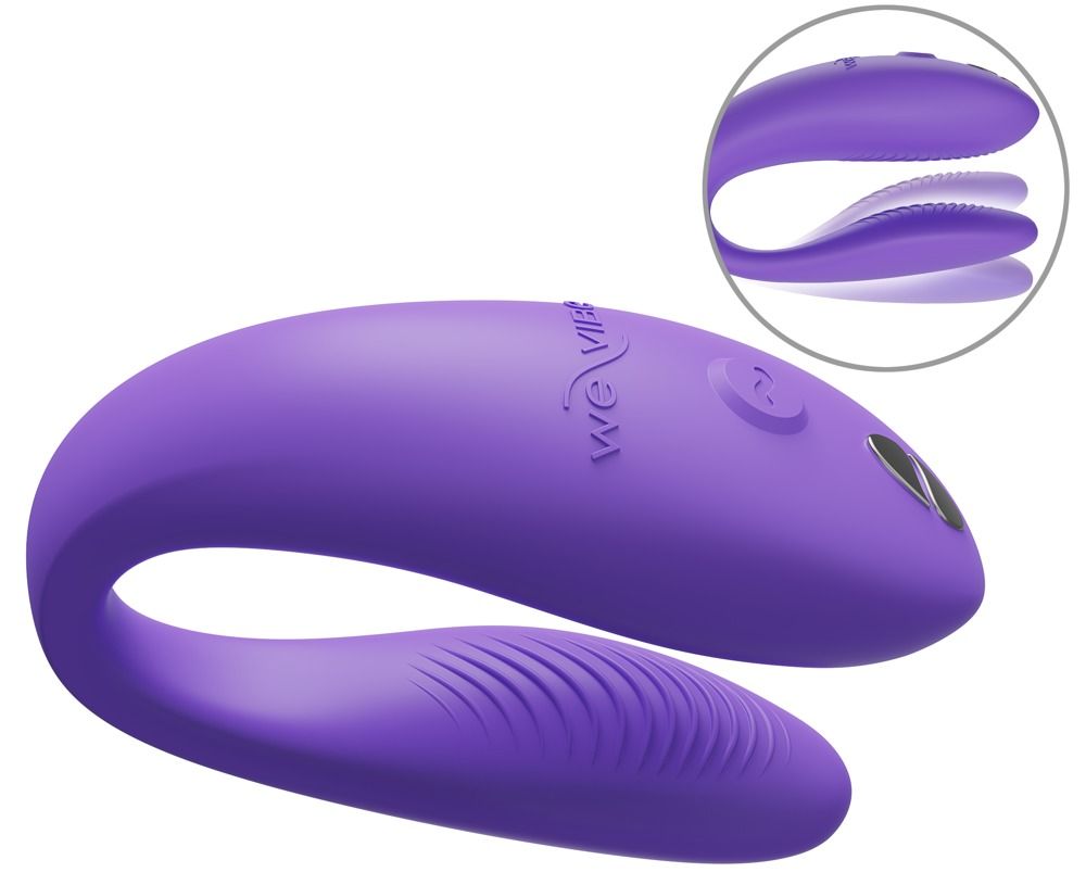 Lila Vibrator in U-Form. Mit Logo und Knöpfen. Detailansicht. Auf weißem Hintergrund.