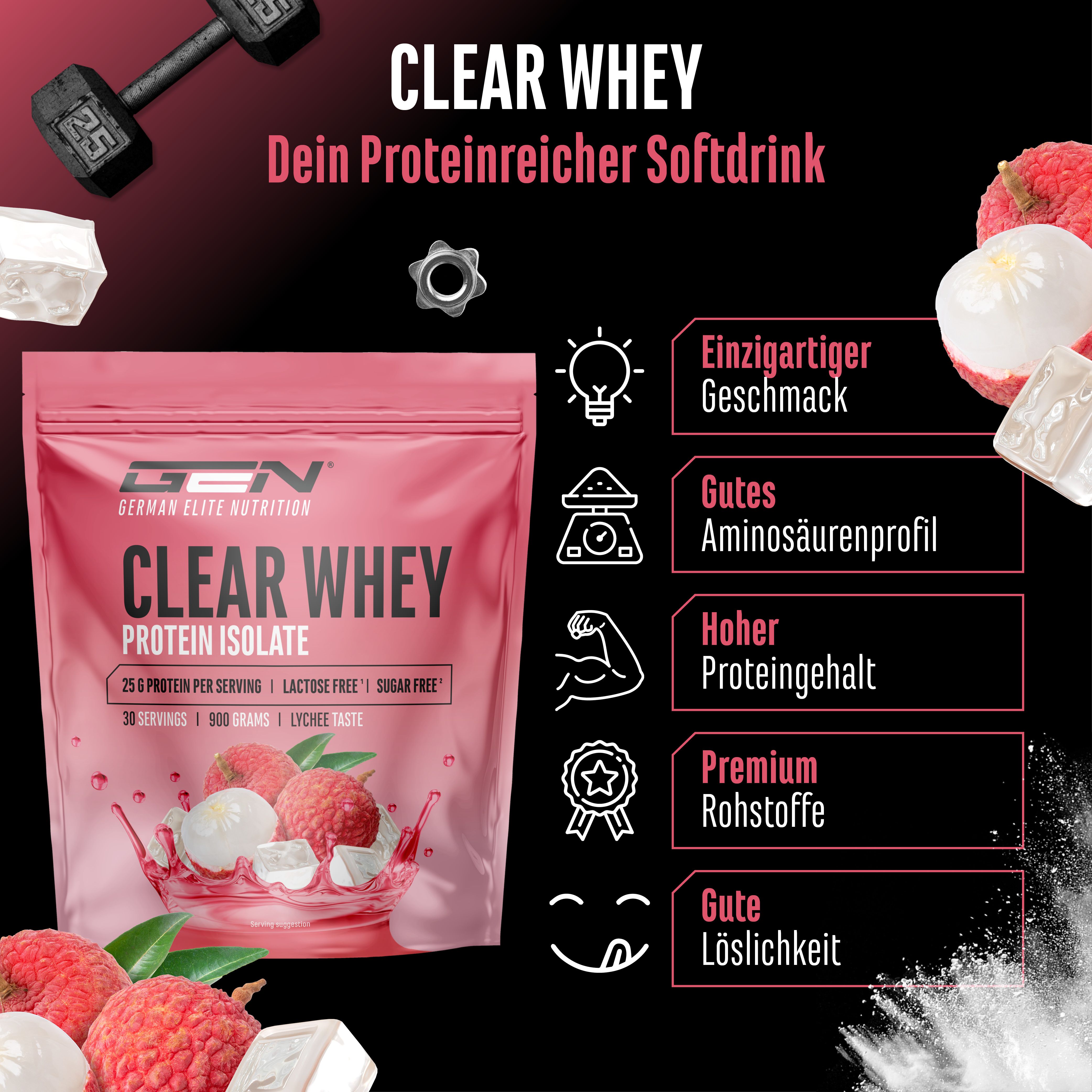 Rosa Beutel "GEN Clear Whey Protein Isolat". Enthält 25g Protein, laktosefrei, zuckerfrei. Zusätzliche Informationen und Icons.