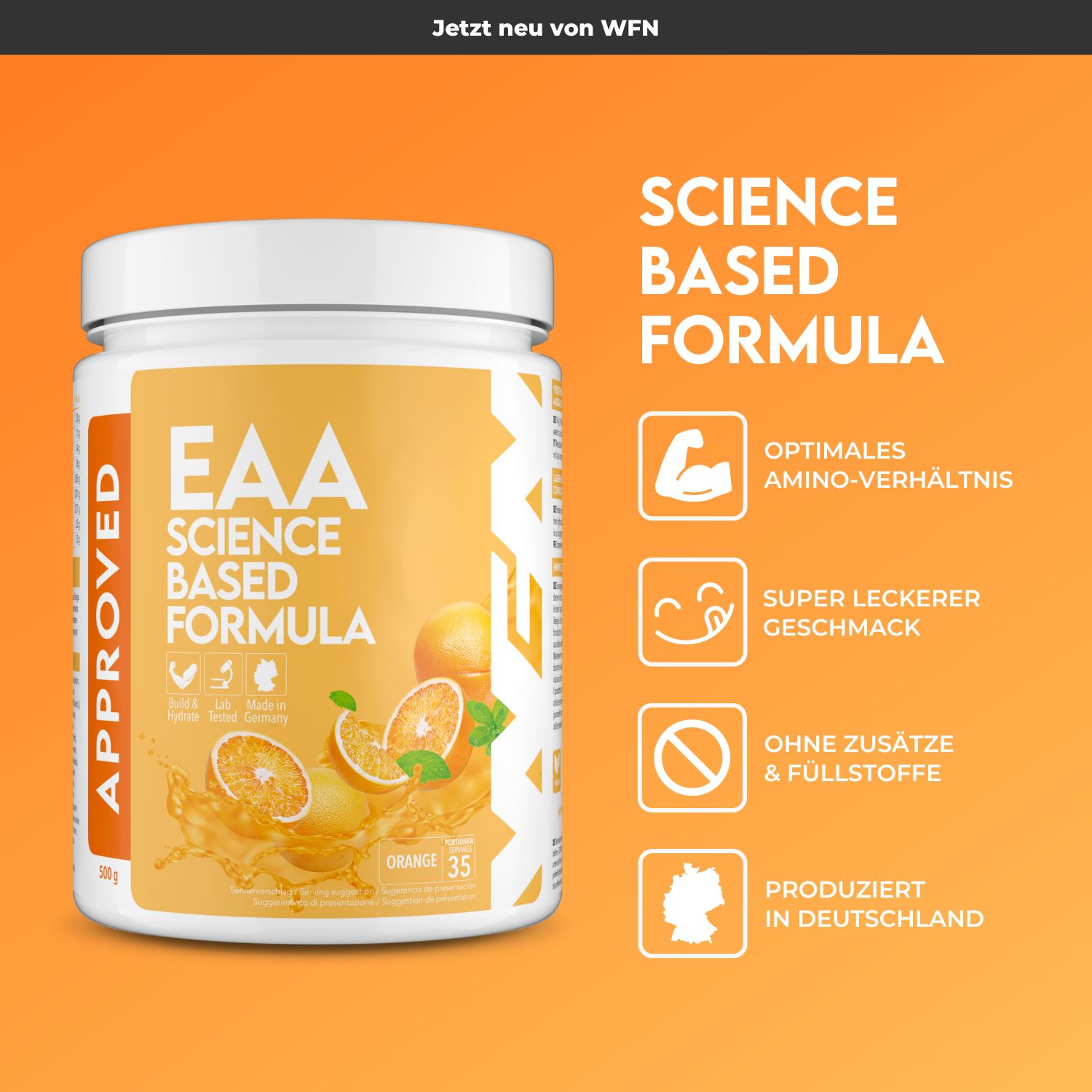 Weißes Produktglas mit gelbem Etikett. Aufschrift: EAA Science Based Formula. Abbildung von Orangen. Text: Optimales Aminoverhältnis, Super leckerer Geschmack.