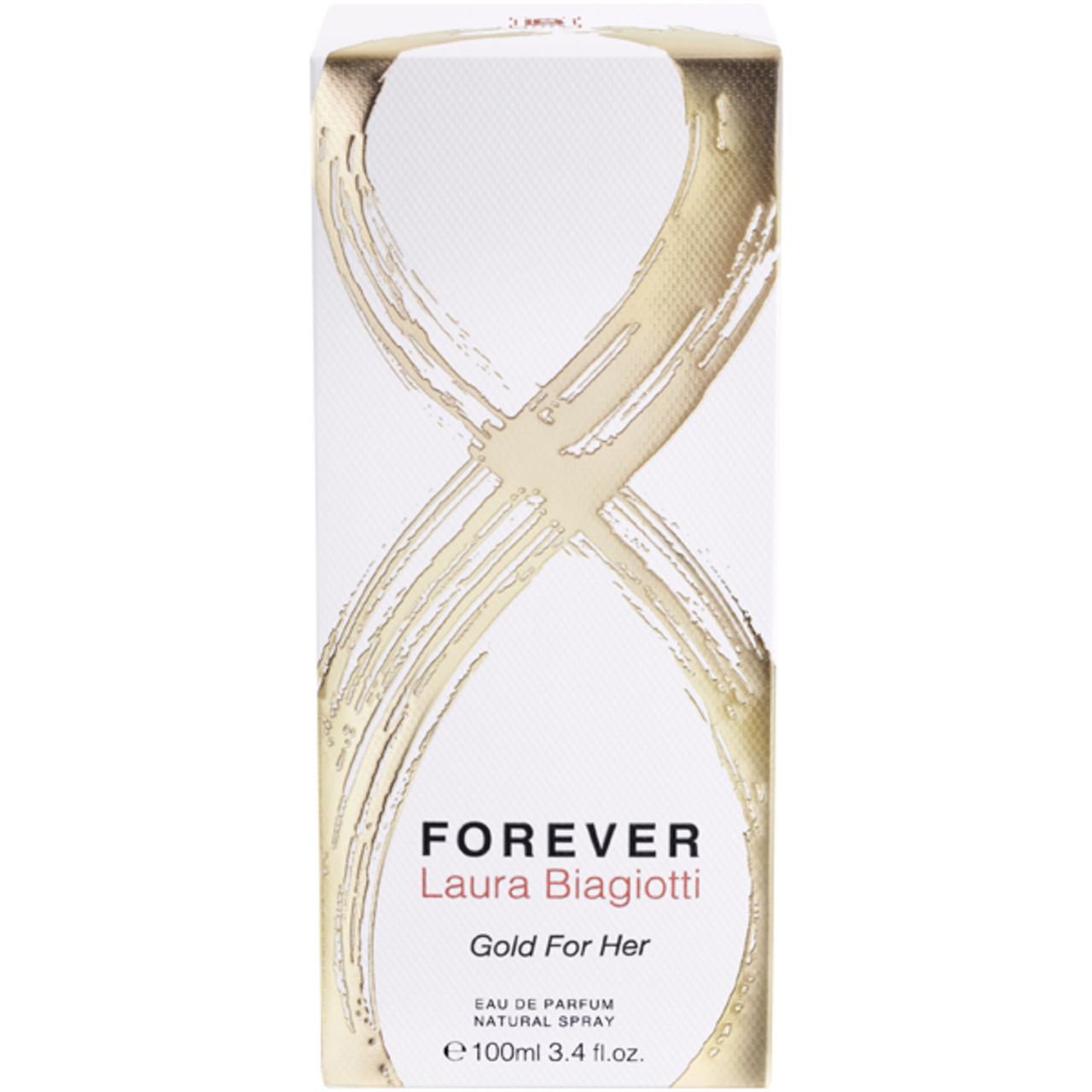 Verpackung für Parfüm. Weiß mit goldenem Design. Aufschrift: Forever Laura Biagiotti, Gold For Her, EdP Nat.Spray.