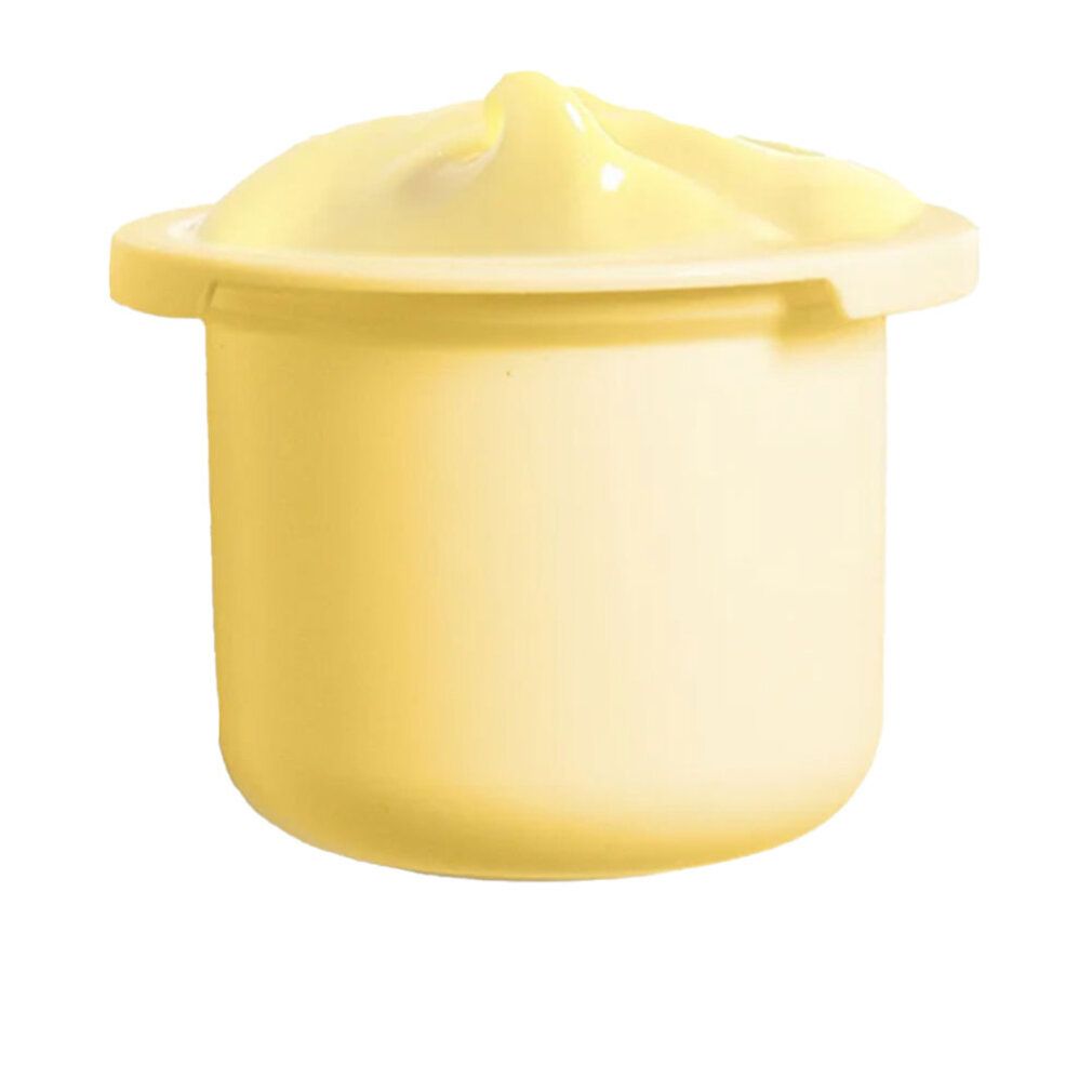 Gelbliche Creme in einem kleinen, runden Behälter. Der Behälter hat einen breiten Rand. Die Creme ist gewölbt.