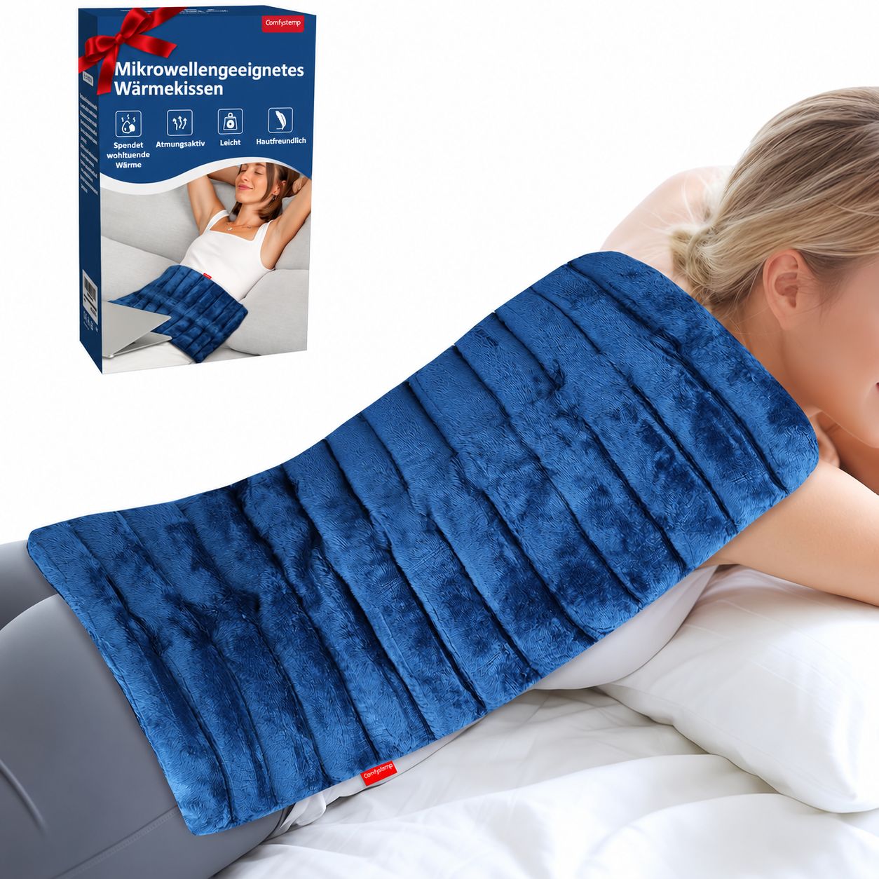 Verpackung und blaue Heizdecke für die Mikrowelle, mit Abbildungen zur Anwendung und Produktmerkmalen.