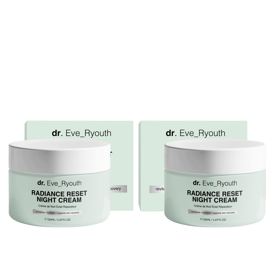 Zwei Tiegel und zwei Schachteln. Tiegel: Dr. Eve_Ryouth Radiance Reset Night Cream. Schachteln: gleiche Aufschrift. Mintgrün.