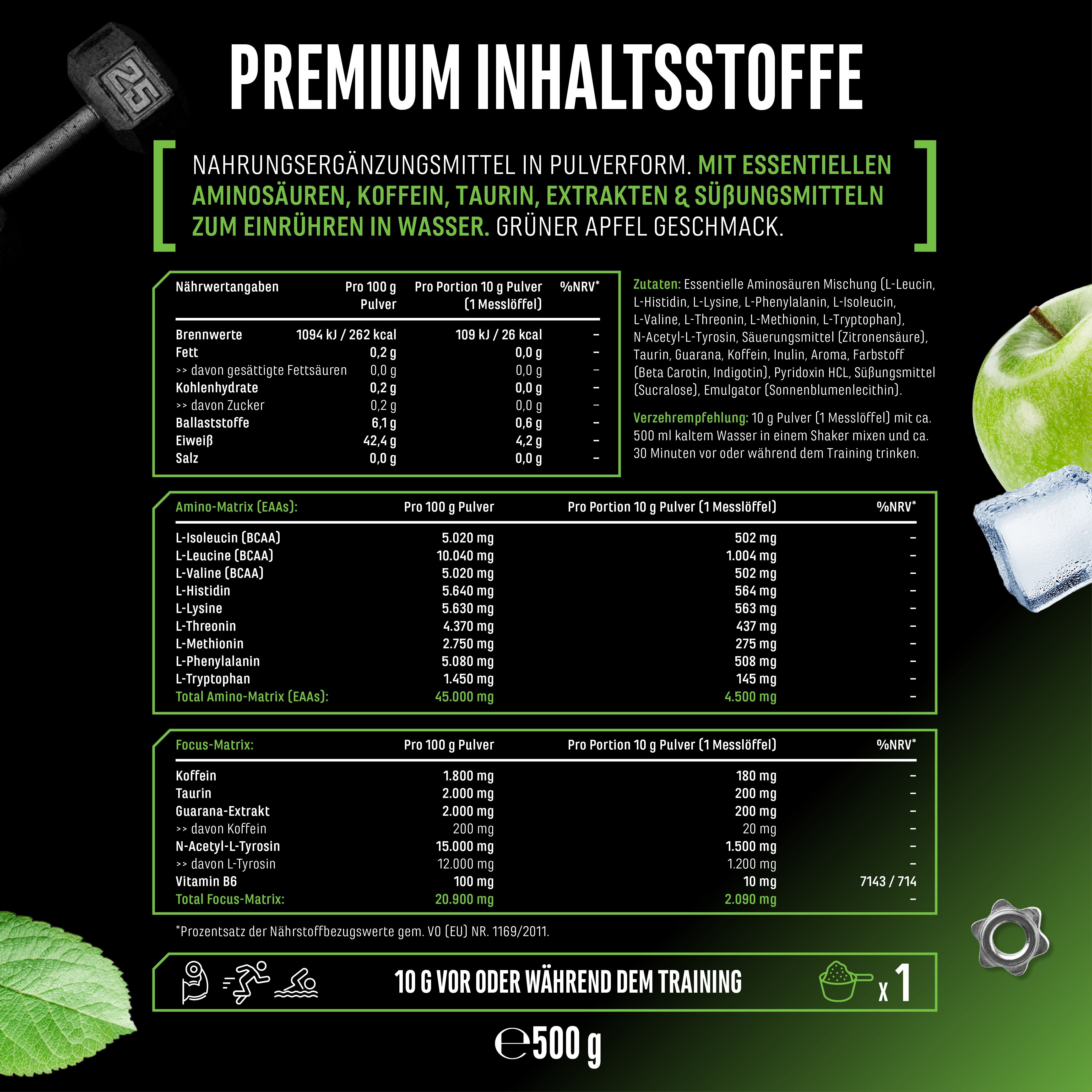 Infografik: Premium Inhaltsstoffe. Nährwertangaben, Aminosäuren, Koffein, Taurin, Extrakte. 10g Pulver in 500ml Wasser. Grüner Apfel Geschmack.
