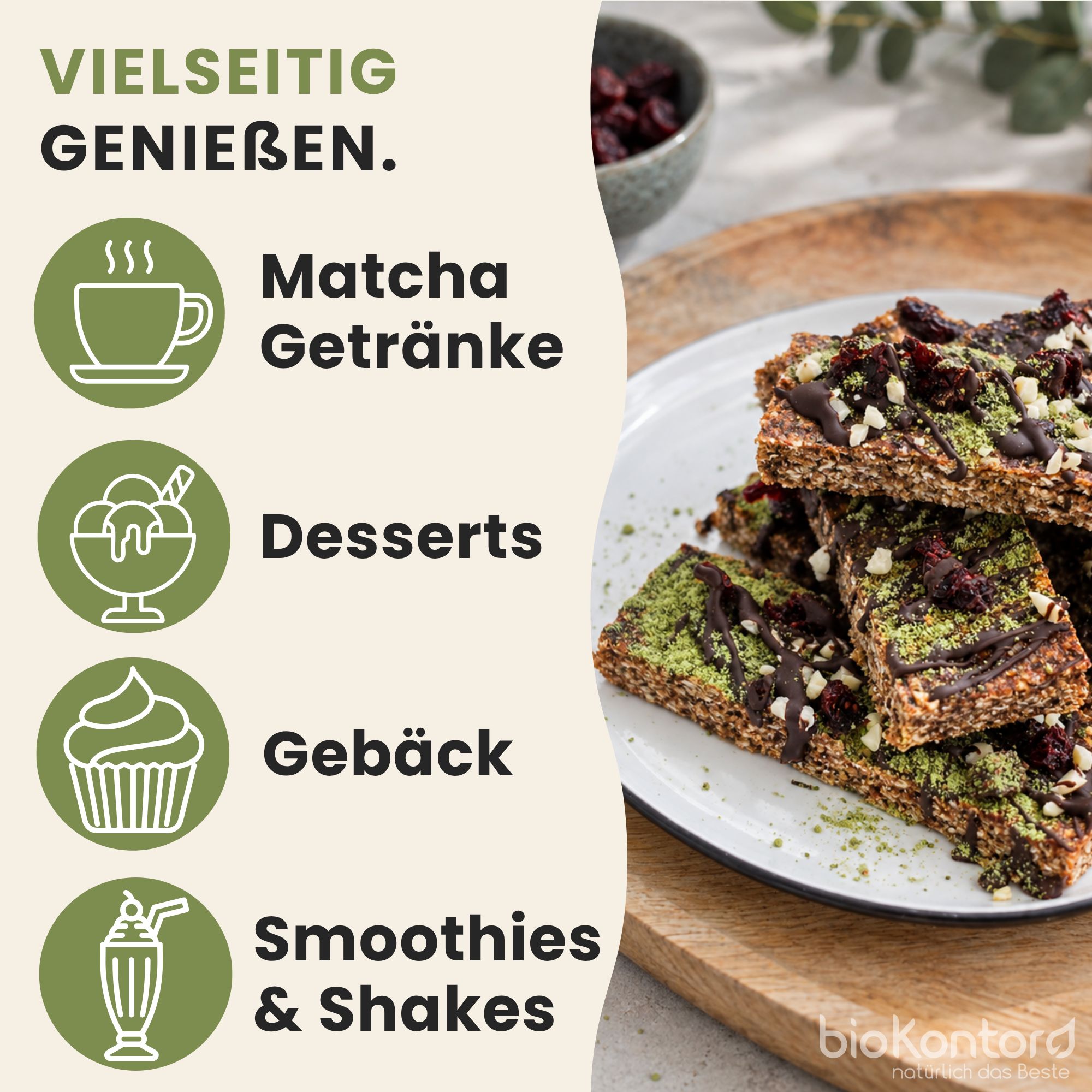 Vielseitige Verwendung von bioKontor Matcha für Getränke, Desserts, Gebäck, Smoothies & Shakes.