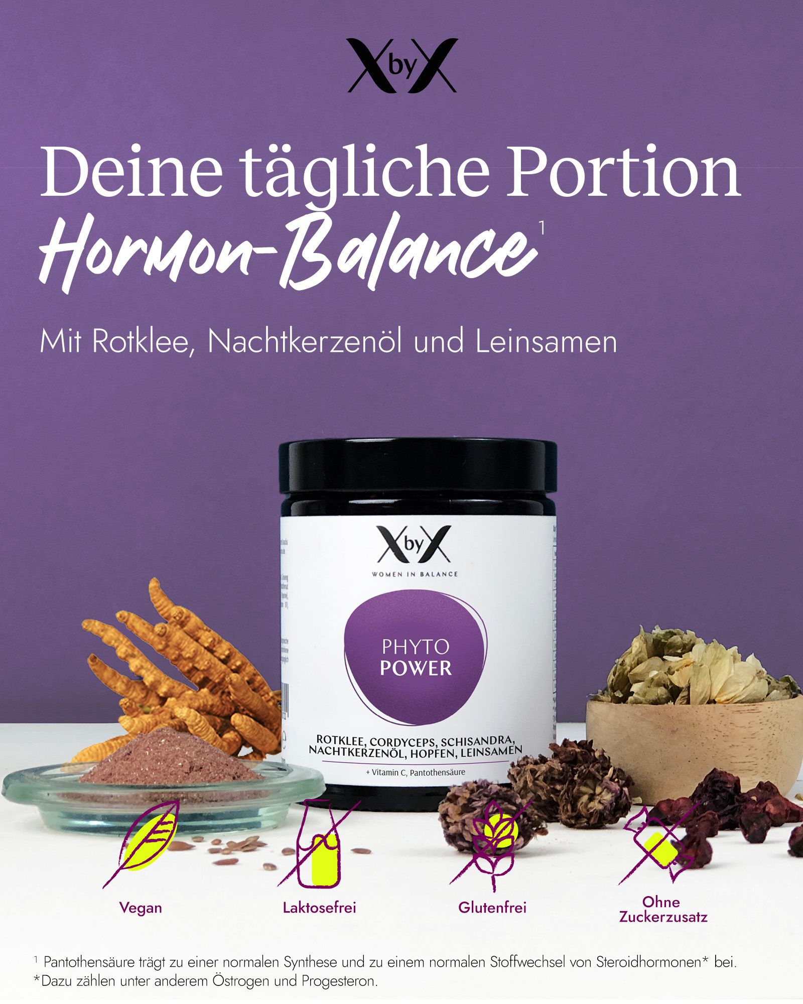 XbyX® Phyto Power – Rotklee Wechseljahre¹ Pulver, Isoflavone, Adaptogene, Vitamine für Frauen ab 50