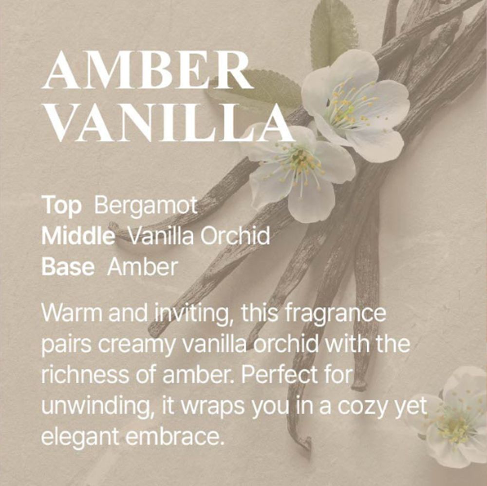 Text über Amber Vanilla Duft. Beschreibt Noten und Eigenschaften. Mit Blüten und Vanilleschoten.