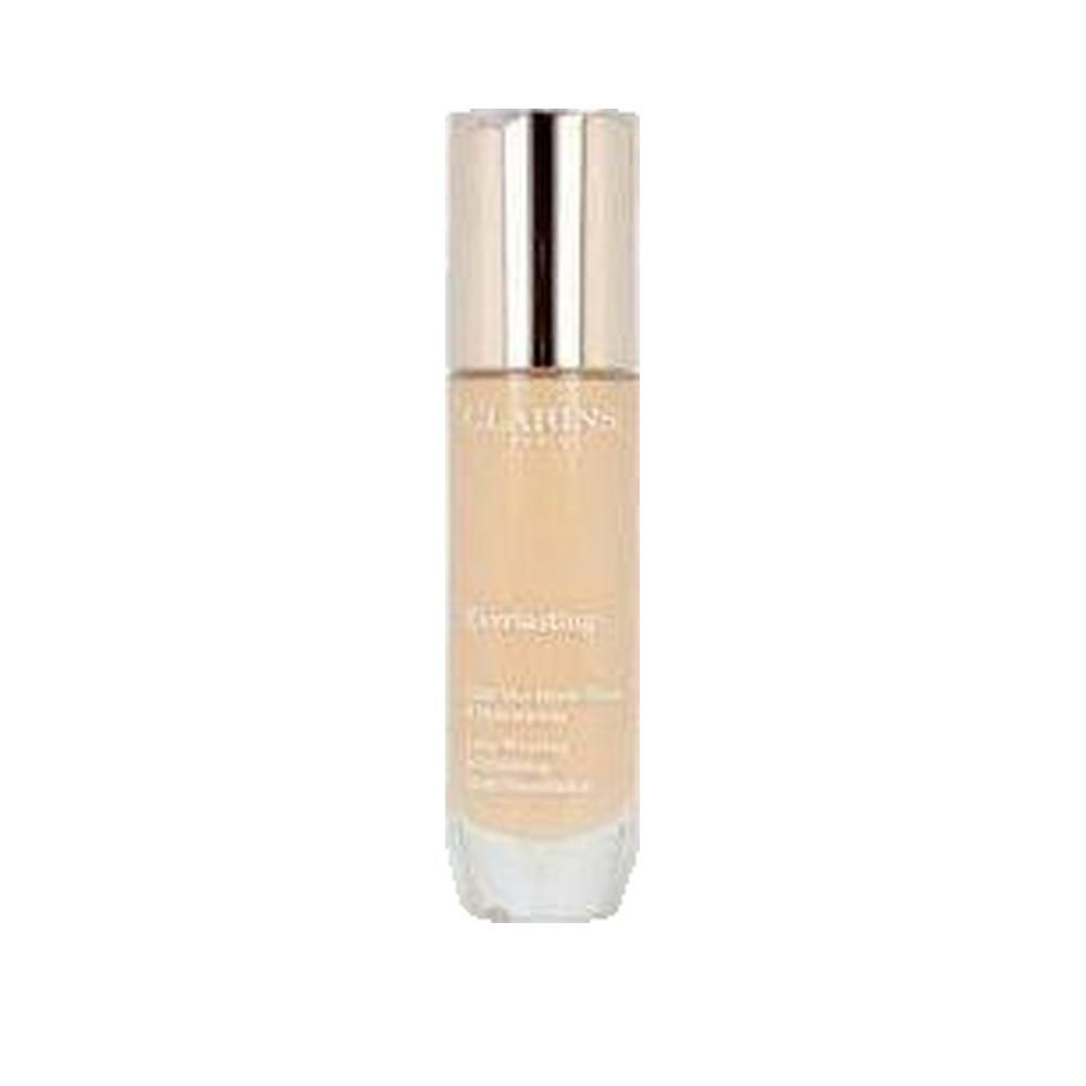 Clarins Everlasting Foundation Flasche. Beige Flüssigkeit in Glasflasche mit silbernem Deckel. Produktname und Marke aufgedruckt.