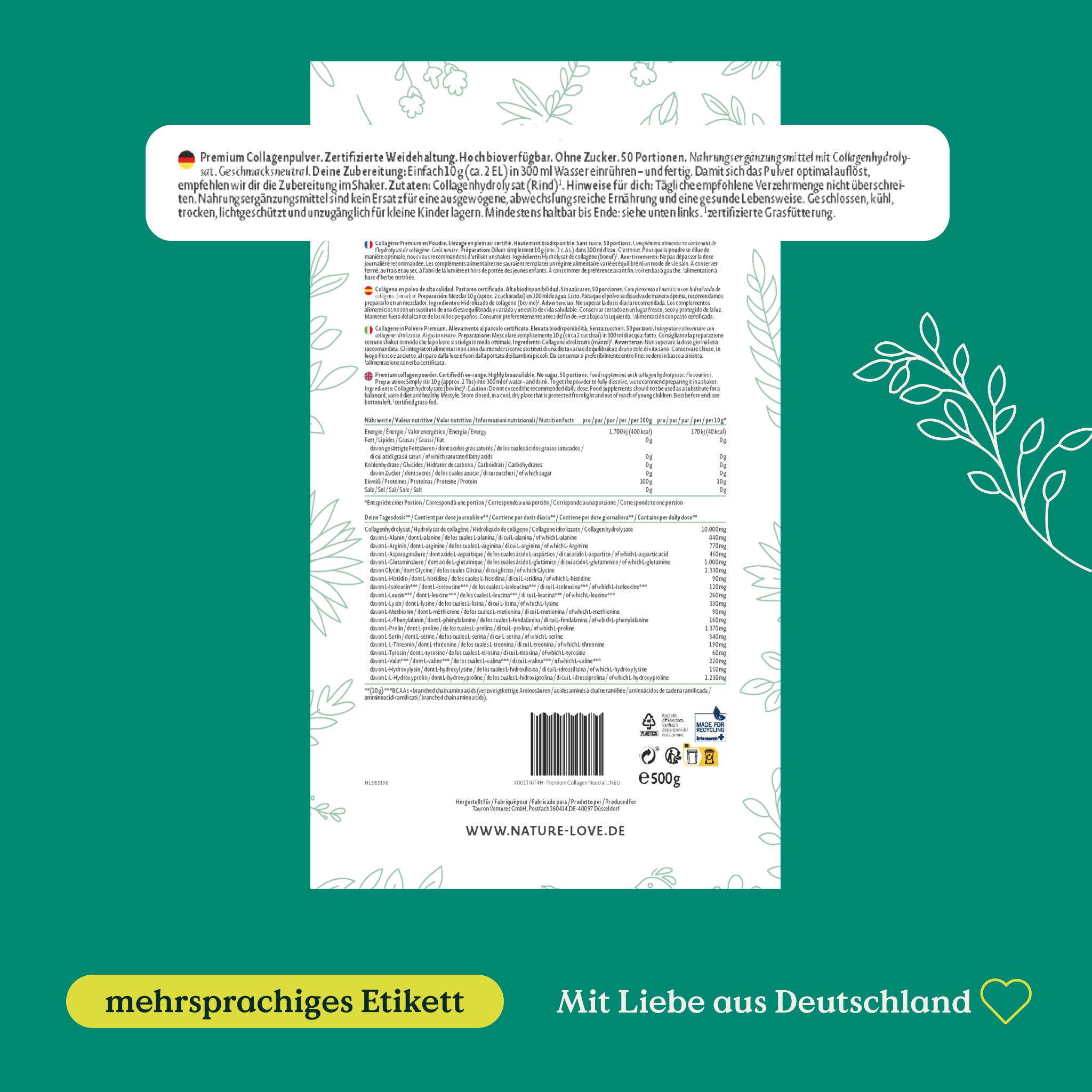 Rückseite der Verpackung mit mehrsprachigem Etikett. Text in Deutsch, Informationen zu Inhaltsstoffen und Nährwerten. Mit Liebe aus Deutschland.