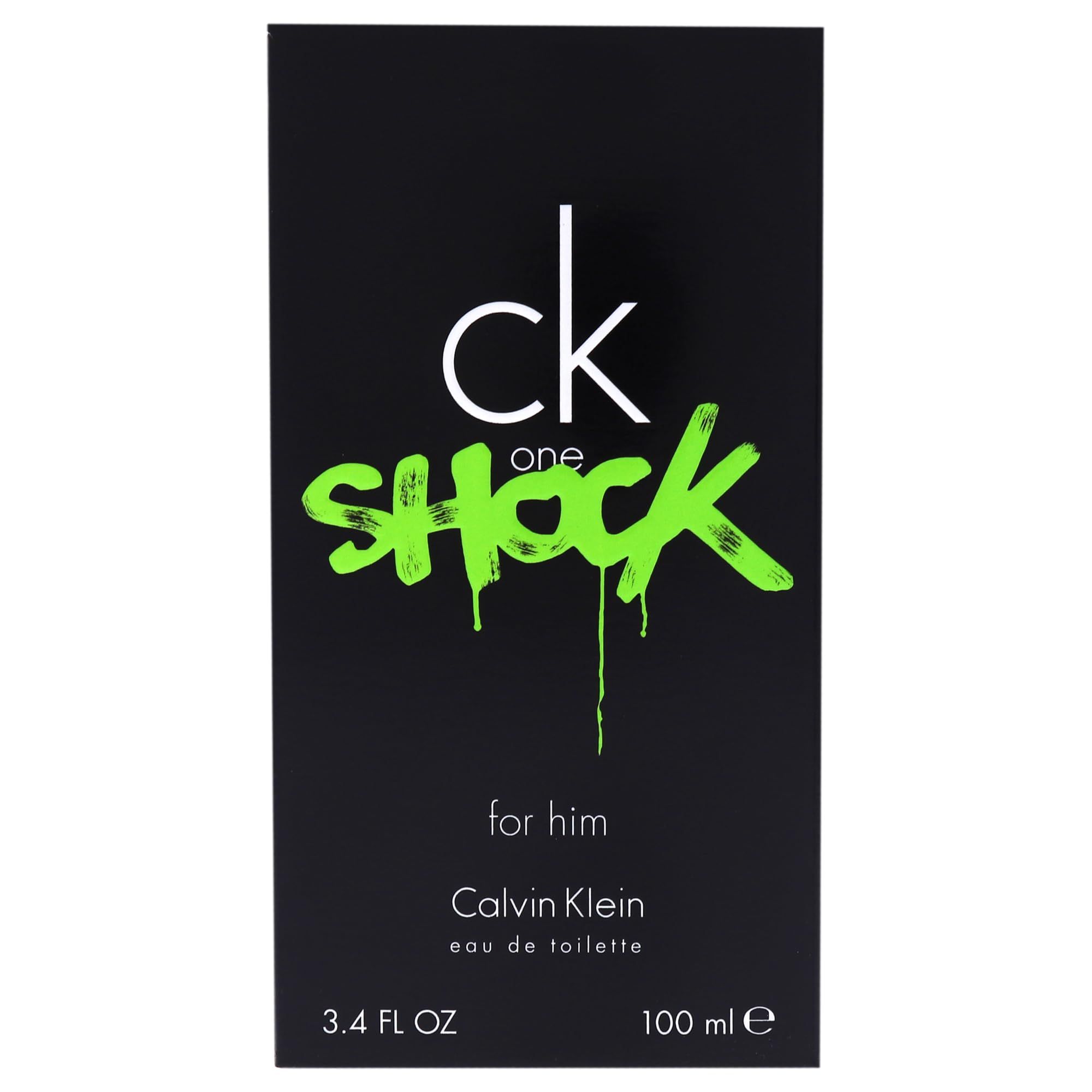 Schwarze Schachtel mit weißem und grünem Text. Aufschrift: ck one SHOCK for him Calvin Klein.