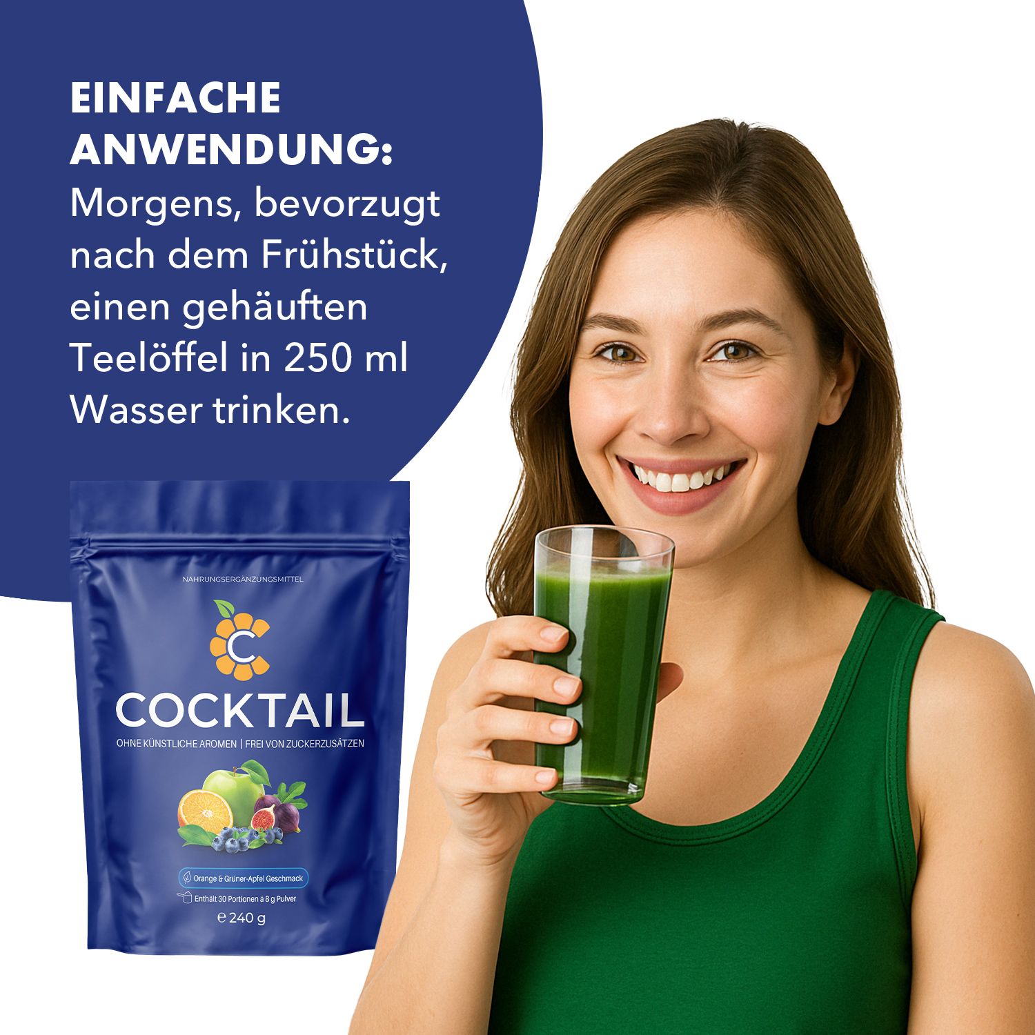 Frau trinkt grünen Drink neben einer Packung C Cocktail Pulver. Text erklärt einfache Anwendung mit Wasser.