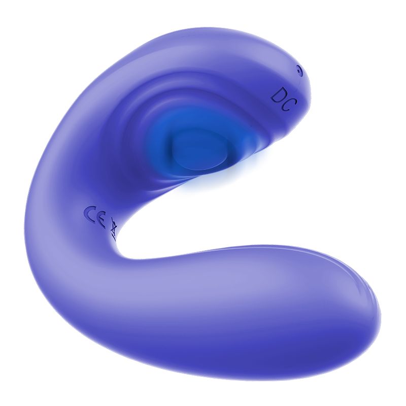 Lila Vibrator, U-förmig. Oberseite mit Vertiefung. CE-Kennzeichnung.