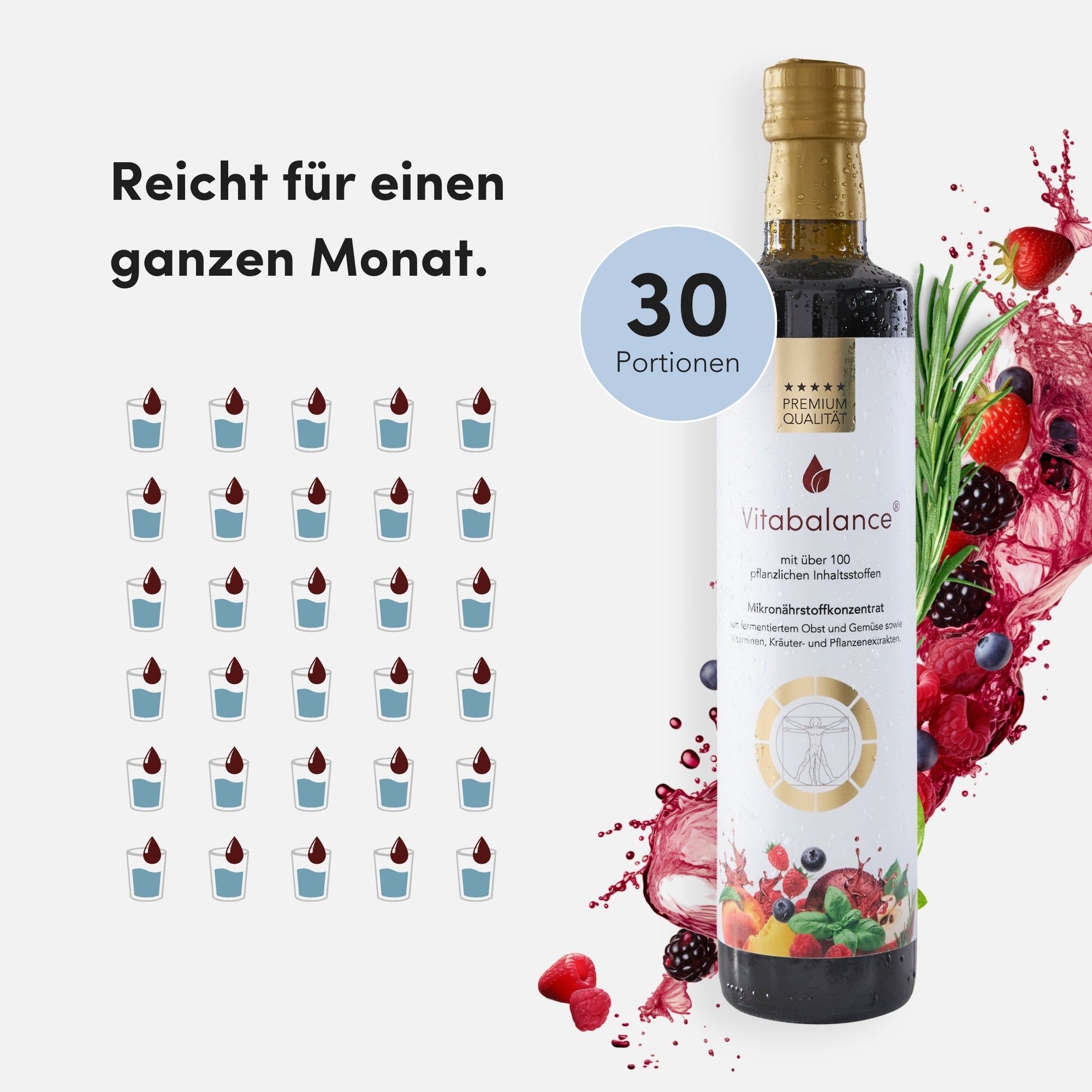 Vitabalance®-Flasche mit 30 Portionen. 30 kleine Gläser mit Flüssigkeit. Text: Reicht für einen ganzen Monat.