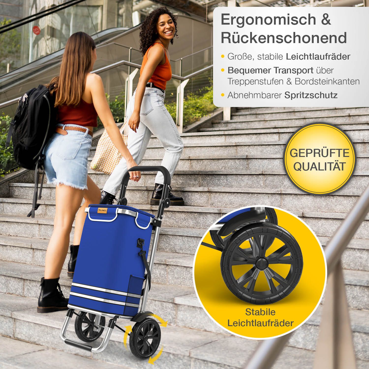 Blauer Einkaufstrolley auf Treppe. Text: „Geprüfte Qualität“, „Ergonomisch & Rückenschonend“. Stabile Leichtlaufräder.