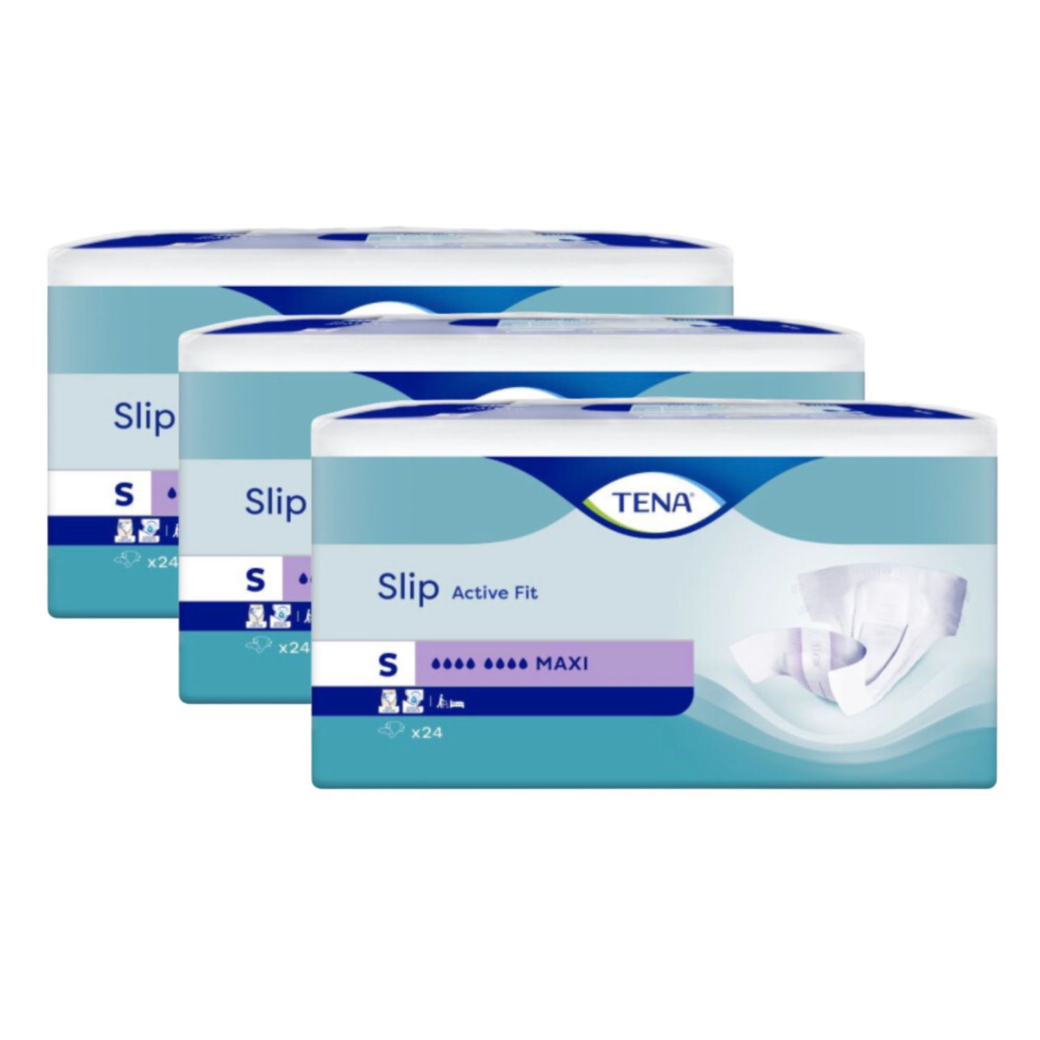 Drei Packungen TENA Slip Active Fit Maxi. Aufschrift "S", "x24" und "MAXI". Blau-weiße Verpackung.